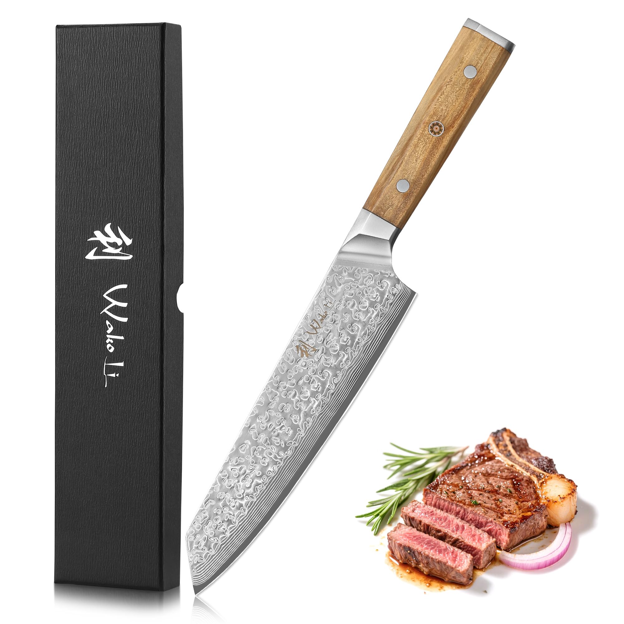 Oribu Damascus Kiritsuke Chef Knife | 20 cm Blade, 67 Layers of Genuine Damascus Steel with Olive Wood Handle | Professional Kitchen Knife in Elegant Gift Box