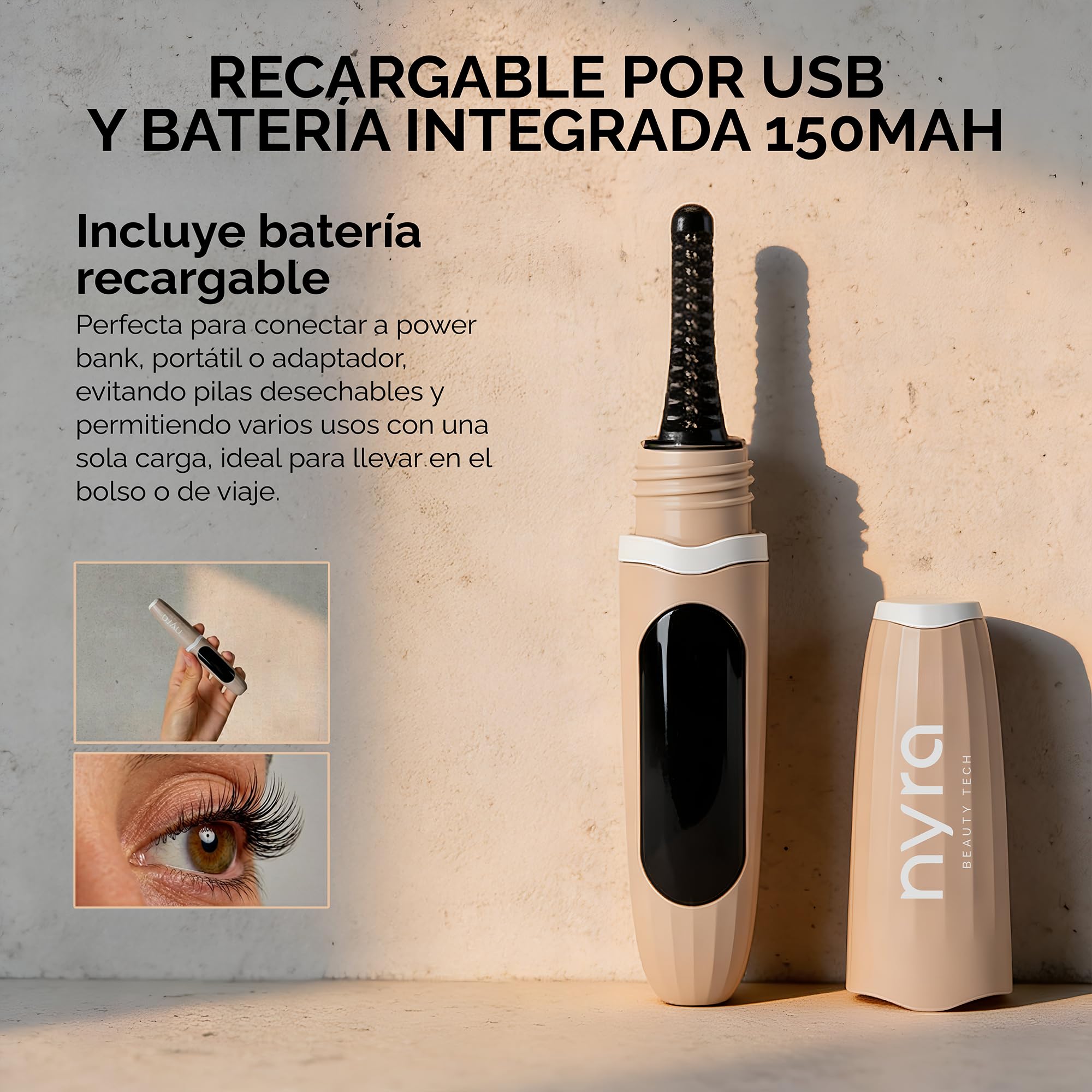 Nyra Rizador de Pestañas por Calor Eléctrico – 3 Niveles de Temperatura (65°C/85°C/95°C) – Recargable por USB, Portátil, Batería 150mAh, Rizado Duradero y Natural en Segundos