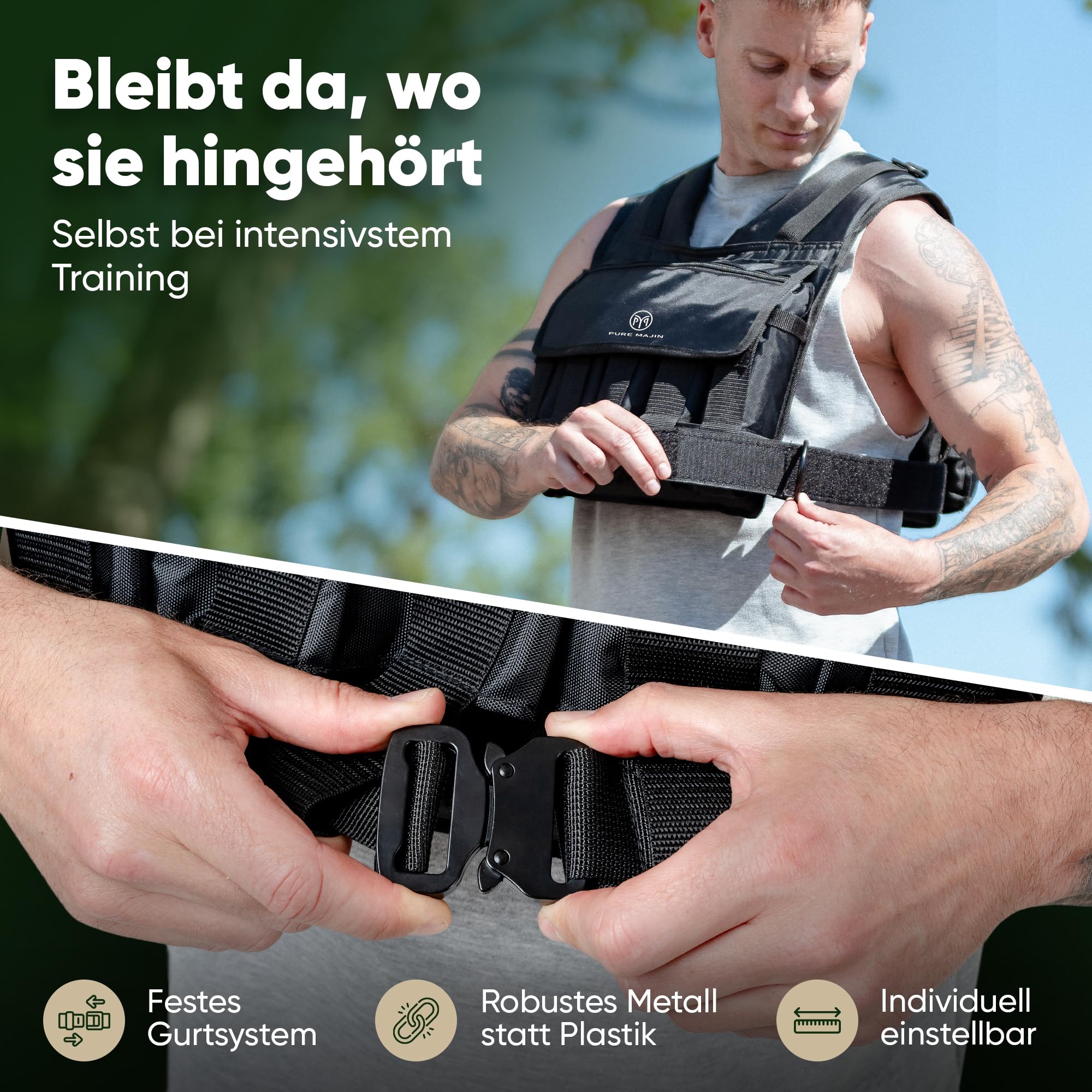 Gewichtsweste PURE MAJIN® 20kg verstellbar [mit Tasche & Metallgurt] | Fitness Workout Laufen Calisthenics Equipment Weighted Vest Trainingsweste Laufweste