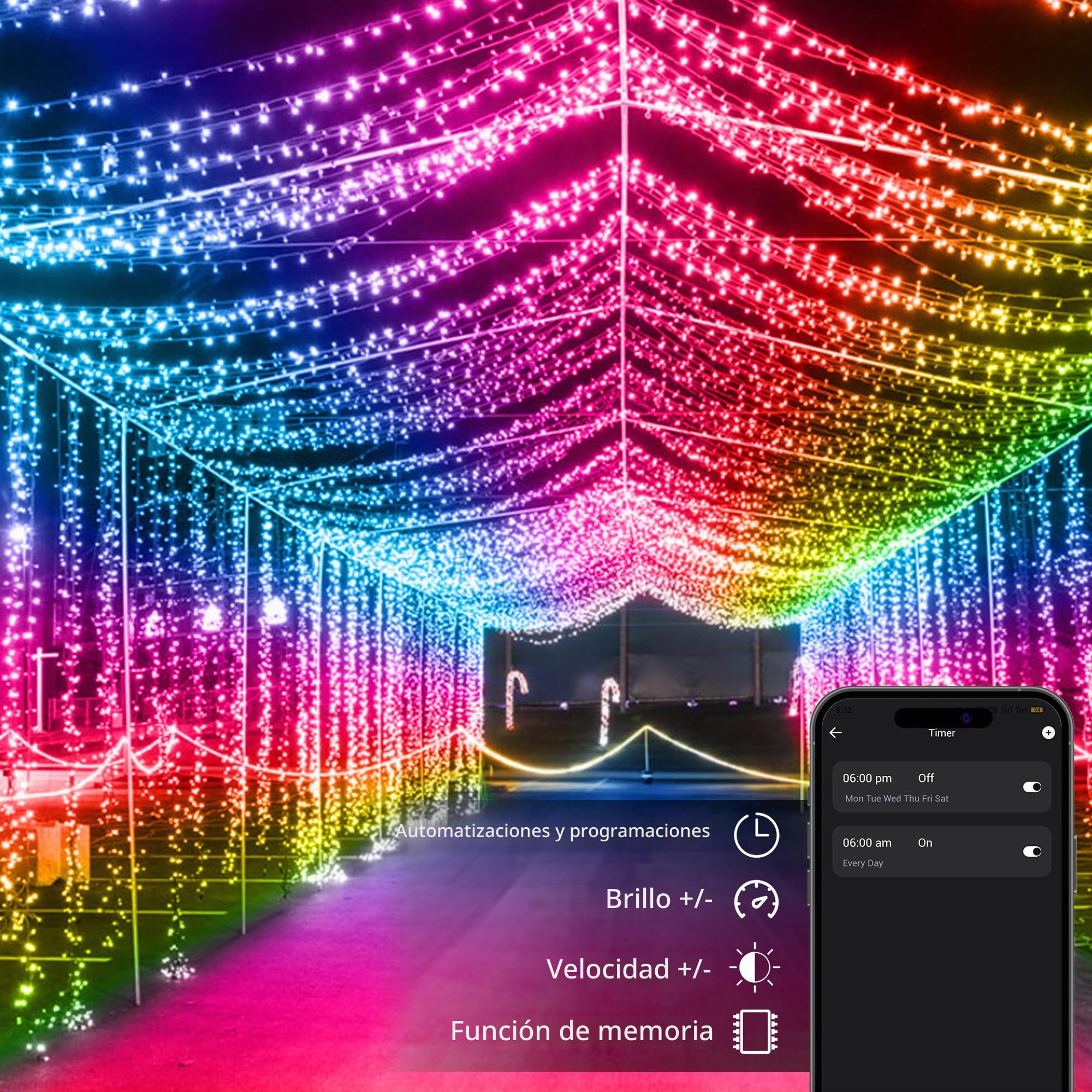 BrizLabs Luces Navidad Inteligente Exterior, 20M 200 LED RGB Cadena de Luces Árbol Navideña Interior Guirnalda de Luz Decoración para Jardín Fiesta, Control de App, Compatible con Alexa y Google Home