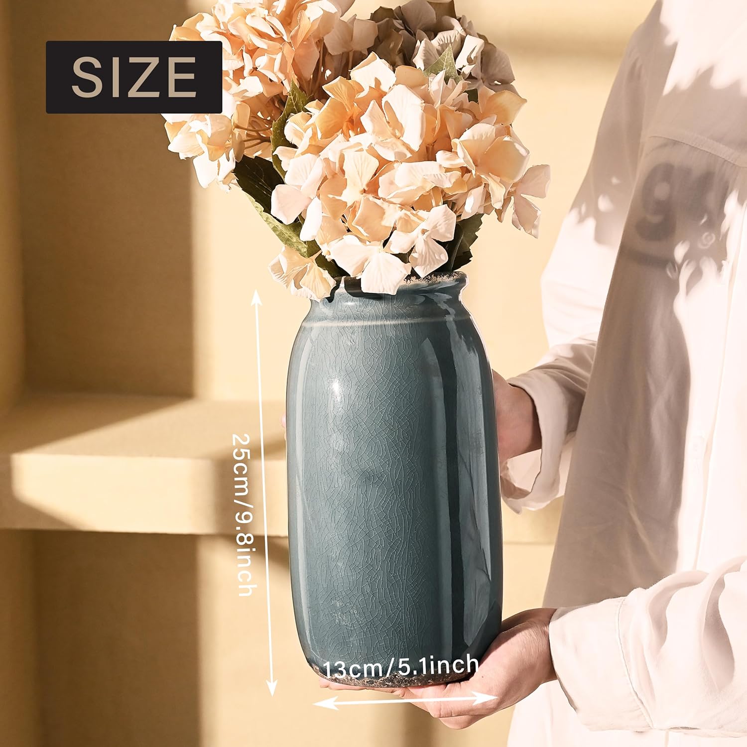 VICTOR & TERESA Rustic Large Blue and Grey Vase for Home Decor, 10'' Tall Ceramic Vases for Flowers, Farmhouse Decorative Vases for Pampas Grass, Table, Mantel, Living Room, Centerpieces - Image 4