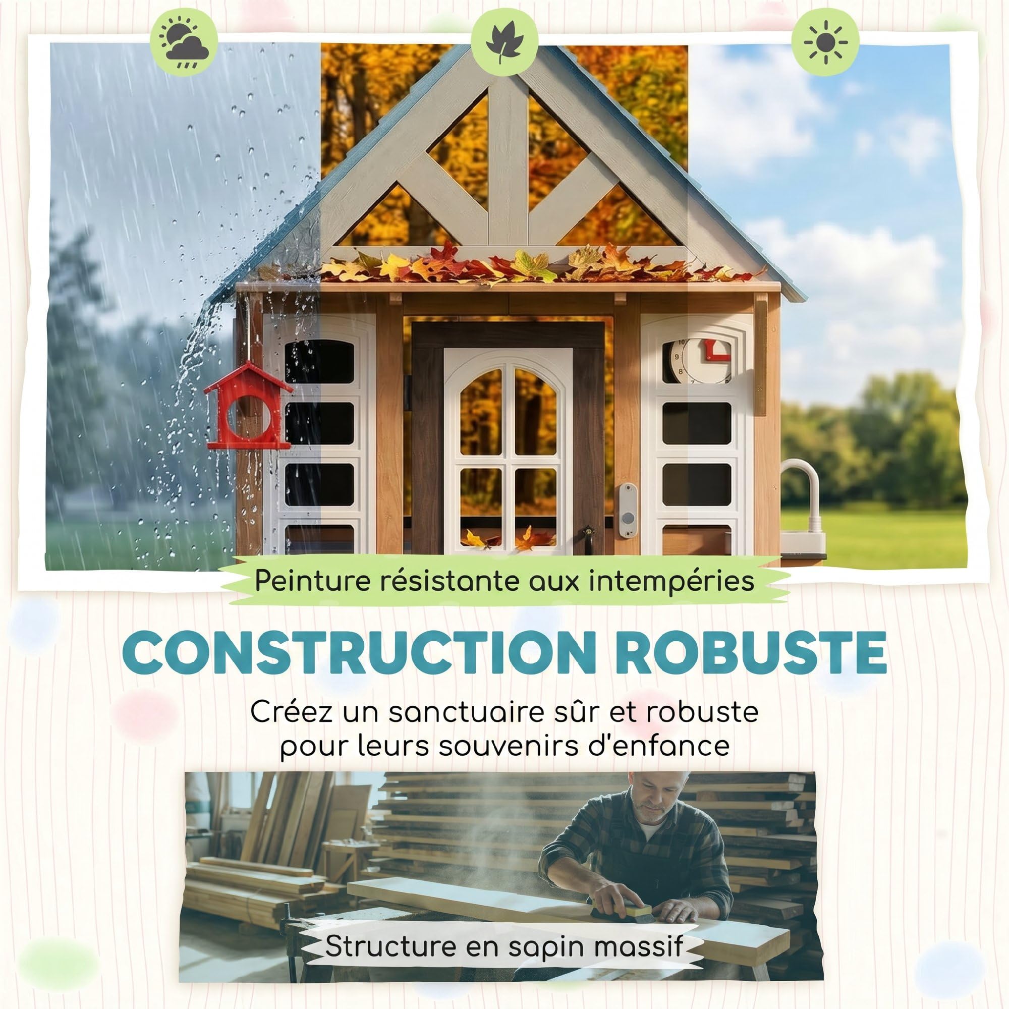 AIYAPLAY Cabane Enfant extérieur en Bois, Maison Enfant extérieure/intérieure avec chatière, Cuisine de Jeu, boîte aux Lettres, Sonnette, nichoir et clôture, pour 2-5 Ans, 165x116,5x163,5cm, Marron
