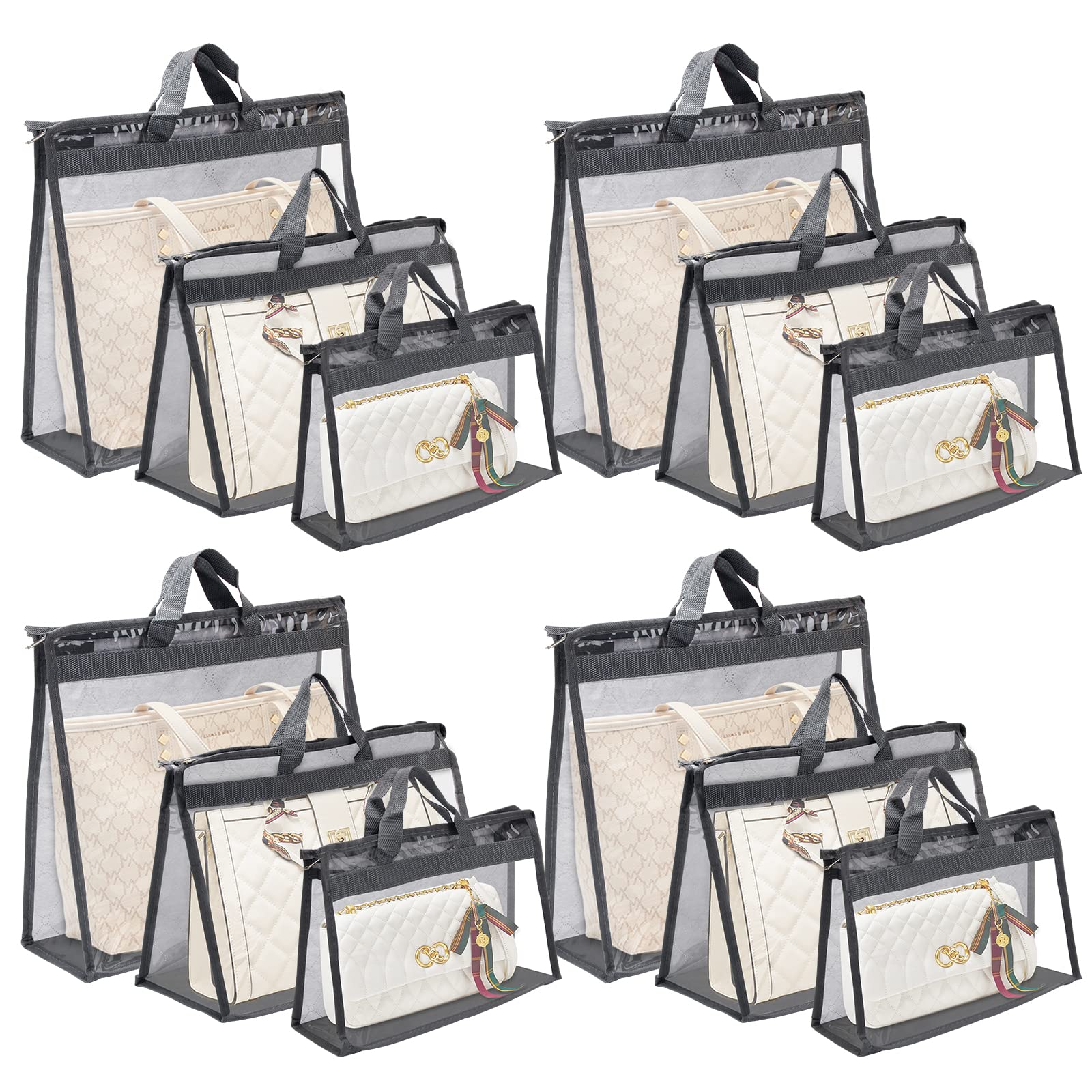 12 bolsas de polvo para bolsos, bolsas de almacenamiento transparentes para mujer, 3 tamaños, organizador de bolso, organizador de armario con cremallera, color gris