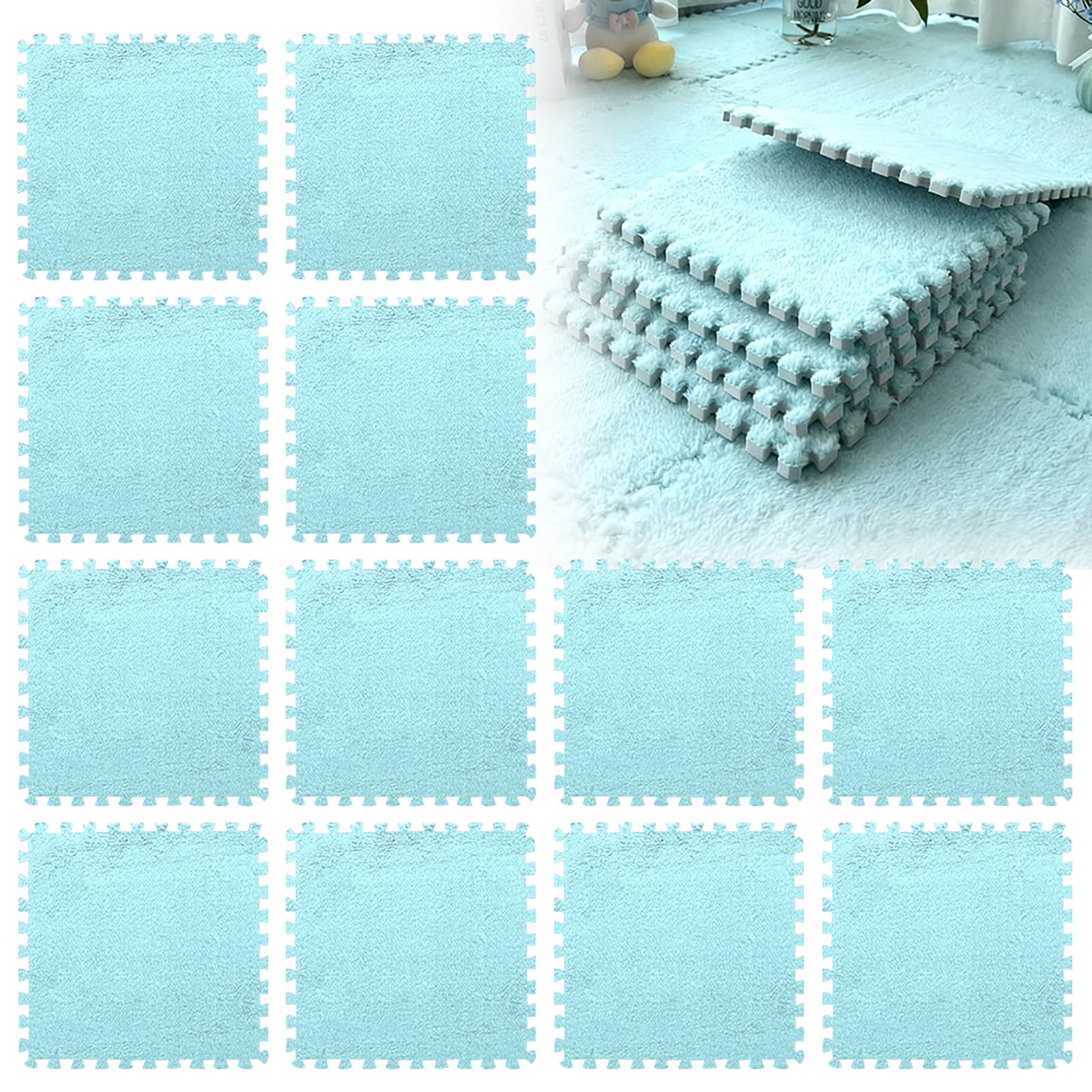 12 Piezas Alfombra Puzzle, Alfombra de Espuma Interconectable 30 cm x 30 cm x 1,25 cm, Mullidas Alfombras de Peluche Modular para Sala de Estar, Dormitorio, Jugar (Azul Cielo)