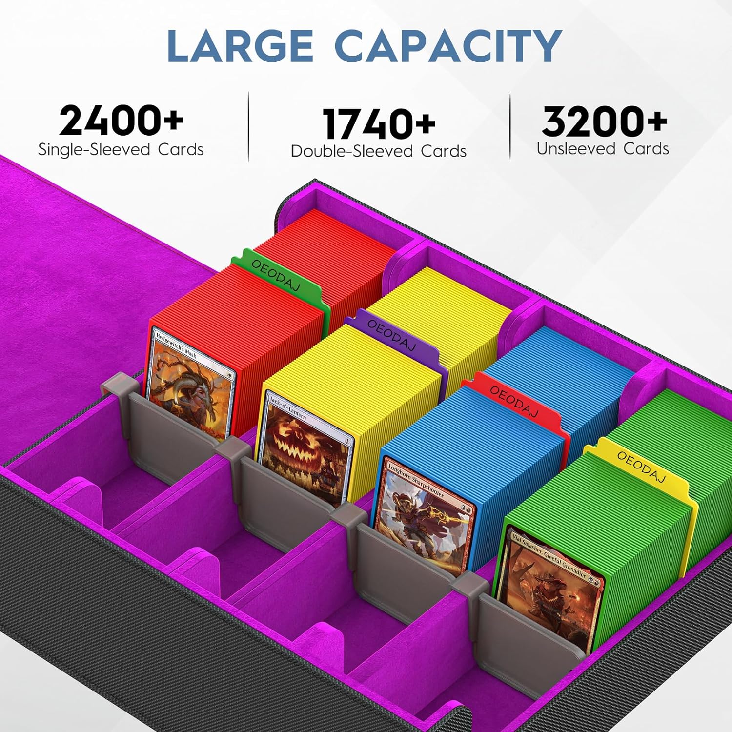 Trading Card Storage Box, 3200+ MTG Card Storage, 4 Row TCG Card Organizer Box with 24 Colorful Dividers and 4 Stands, PKM Bulk Storage, Deck Case Holder Fits for YuGiOh, Game Cards (Black Purple)