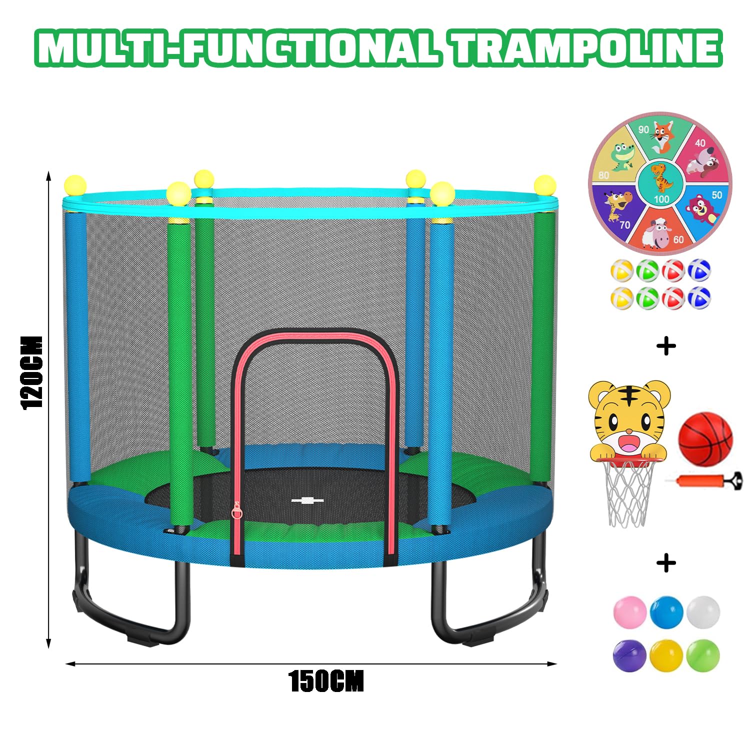 Trampolín Infantil de 150 cm para Interior y Exterior. con Red de Seguridad, aro de Baloncesto y Accesorios de Juego. Regalo de cumpleaños y Navidad para niños y niñas