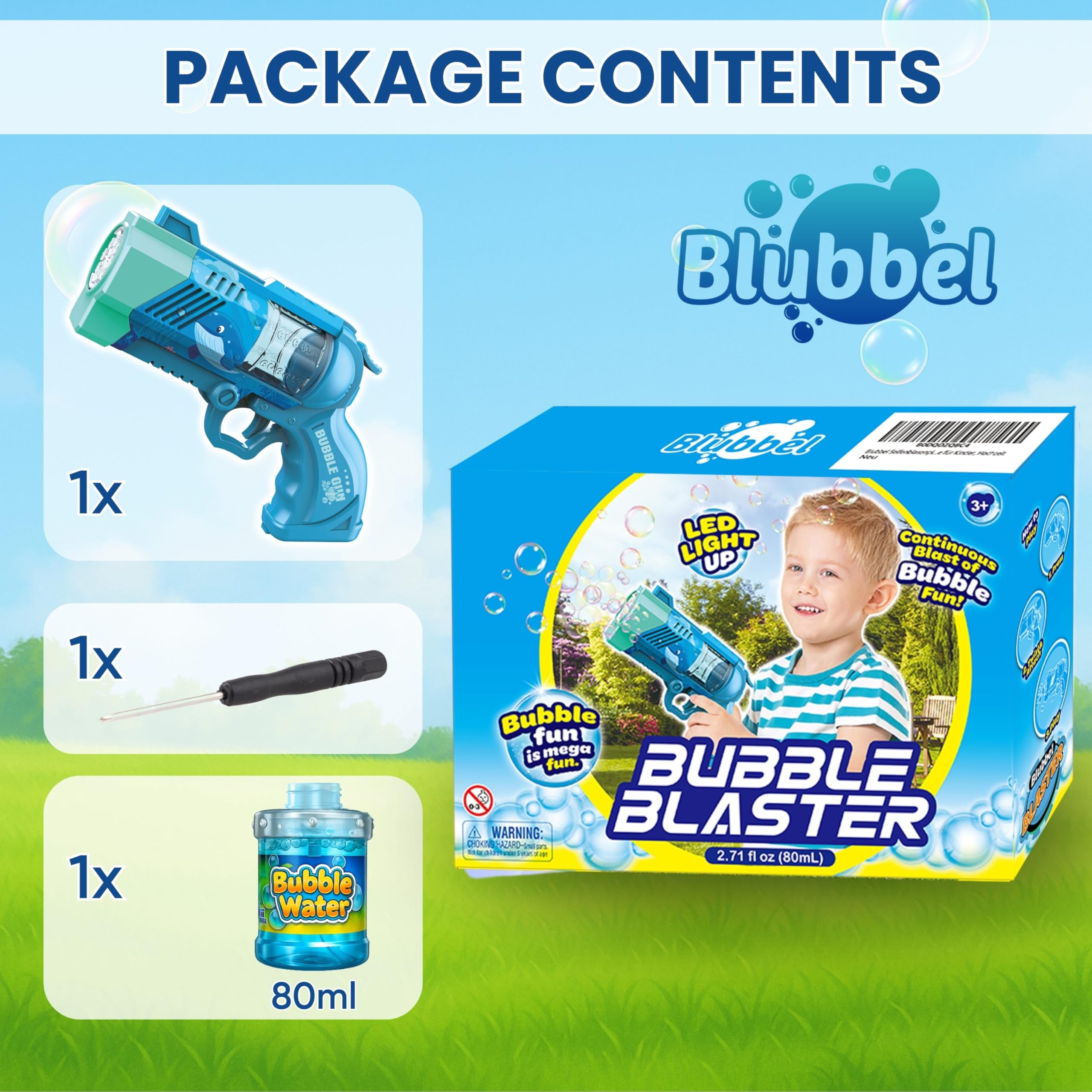 Blubbel Pistolet do Baniek, Maszyna z LED, Zbiornik 80ml, Armata Bańkowa, Powietrzna Bazooka, Prezent dla Dzieci, Na Wesele