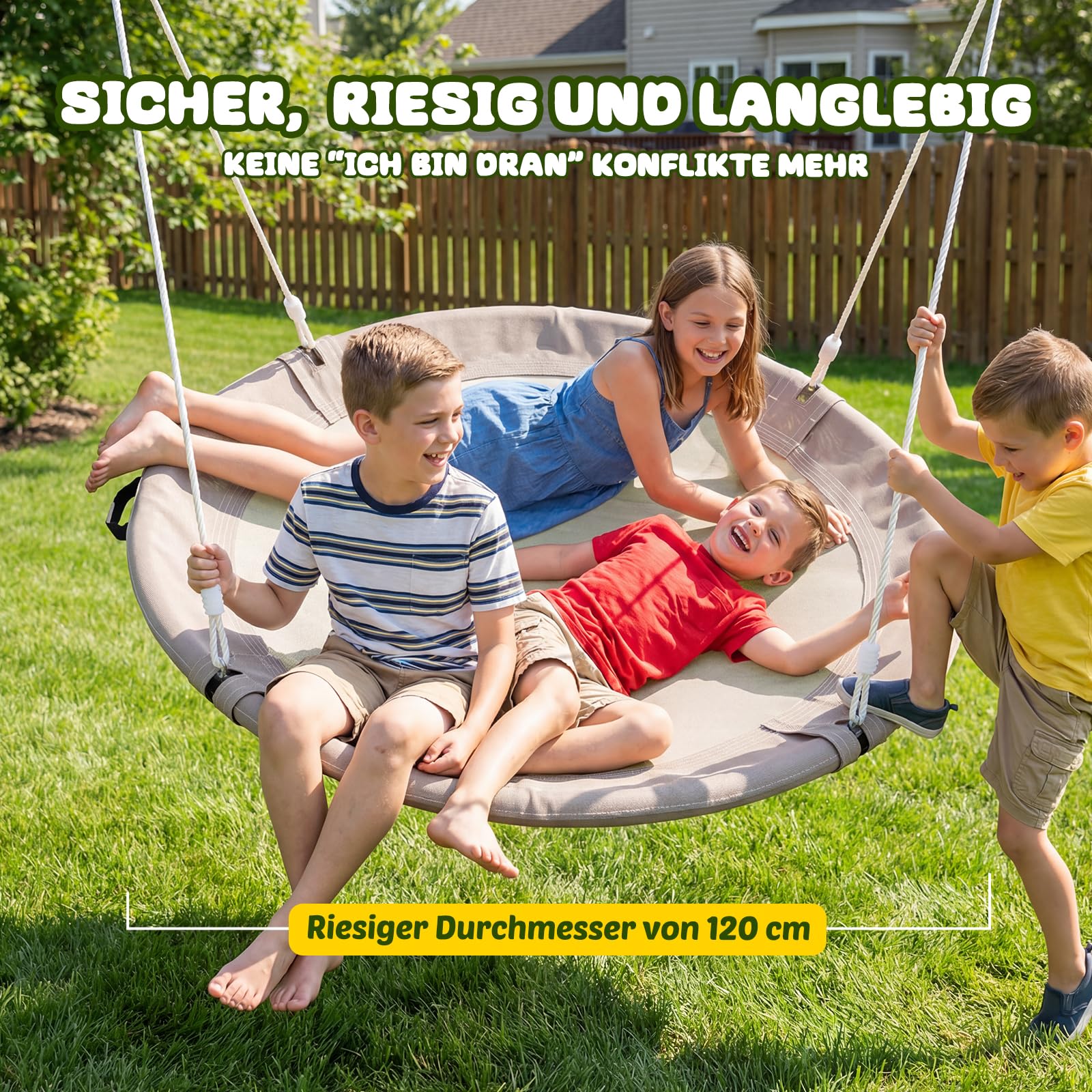 Trekassy Nestschaukel 120cm Tellerschaukel 300kg 900D Oxford wasserfeste Kinderschaukel Garten 2 Schaukel Gurte 3M verstellbare Hängeschaukel Indoor Outdoor Kinder (Sand)