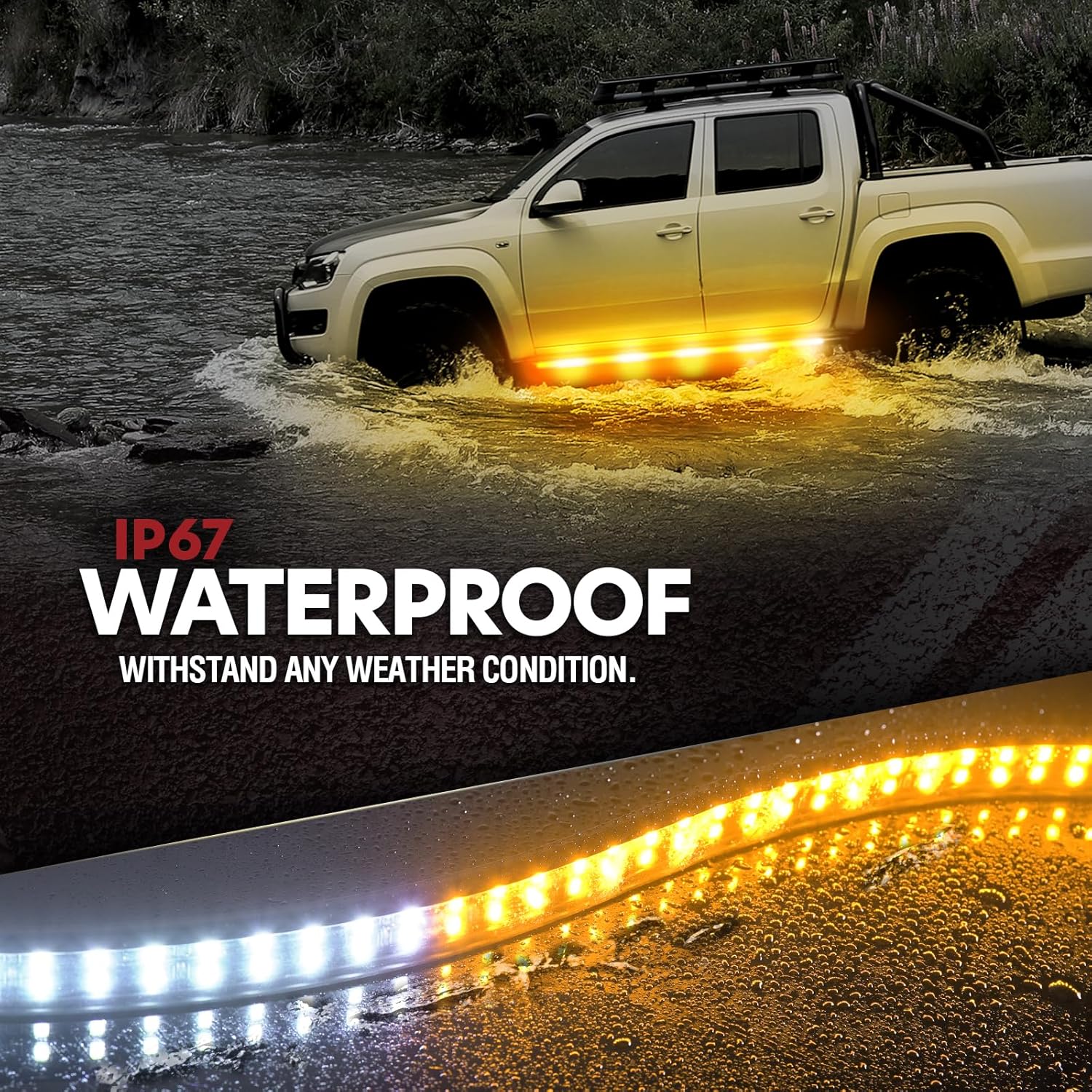 OPT7 2PCS 78" LED Strobe Light Strips - Weatherproof Running Board Emergency Lights with Remote Control, Amber & White Flashing Lights with 31 Warning Modes for Truck Decorations