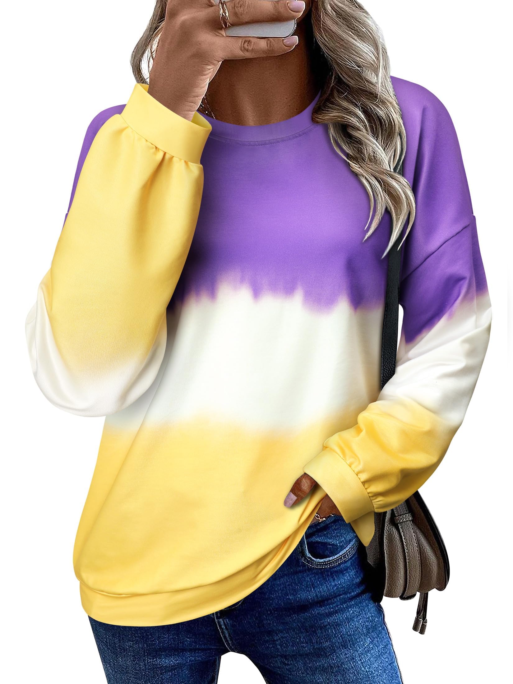 dresswel Women's Oversized Crew Neck Tie Dye Sweatshirts with No Hood Plus Size Casual Color Block Long Sleeve Pullover Tops, A-purple, X-Large-picture-31