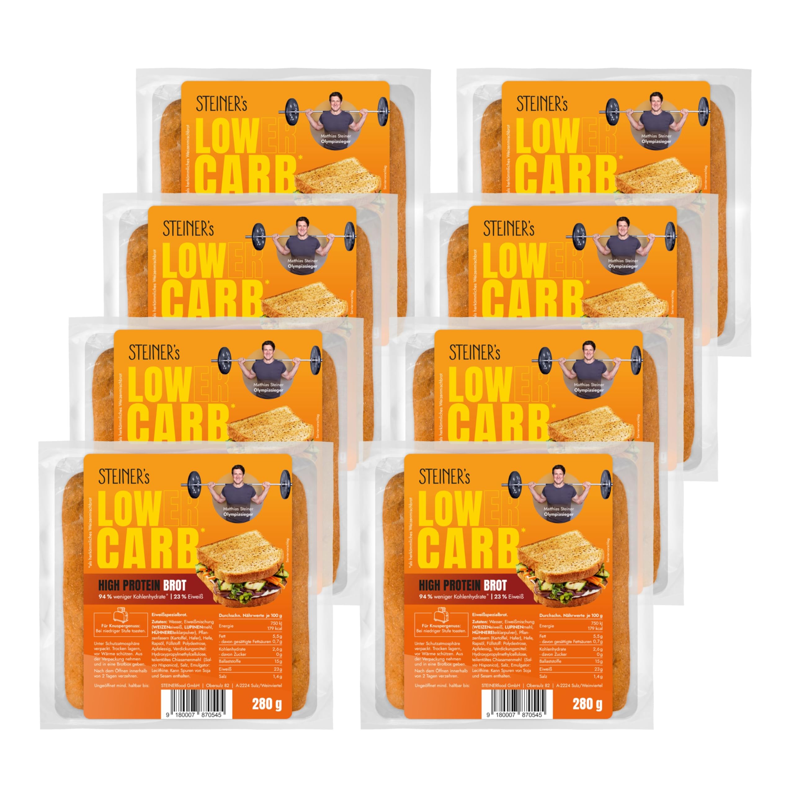 STEINER´s Low Carb High Protein Brot | 94% weniger Kohlenhydrate | high protein | nur 2,6g Kohlenhydrate | 23g Eiweiß (8x280g)