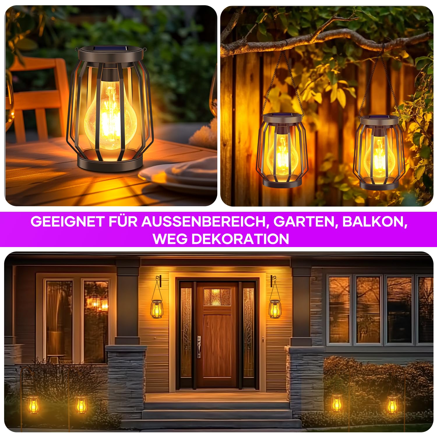 Solarlampen für Außen Hängend, 2 Stück Garten Deko Solarlaterne mit Größer LED Glühbirne, IP65 Wa... Ansicht 6