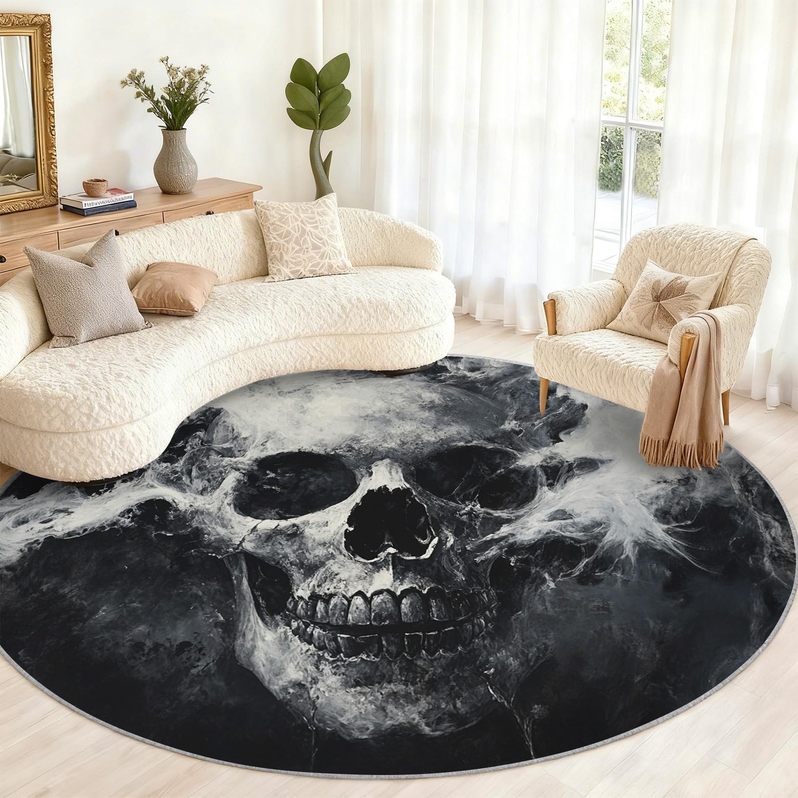GKPLY Round Skull Rugs for Living Room, Black White Area Rugs for Bedroom, Gothic Dark Circular Rug, Washable Rug Non Slip, Carpet Decor 7.2ft