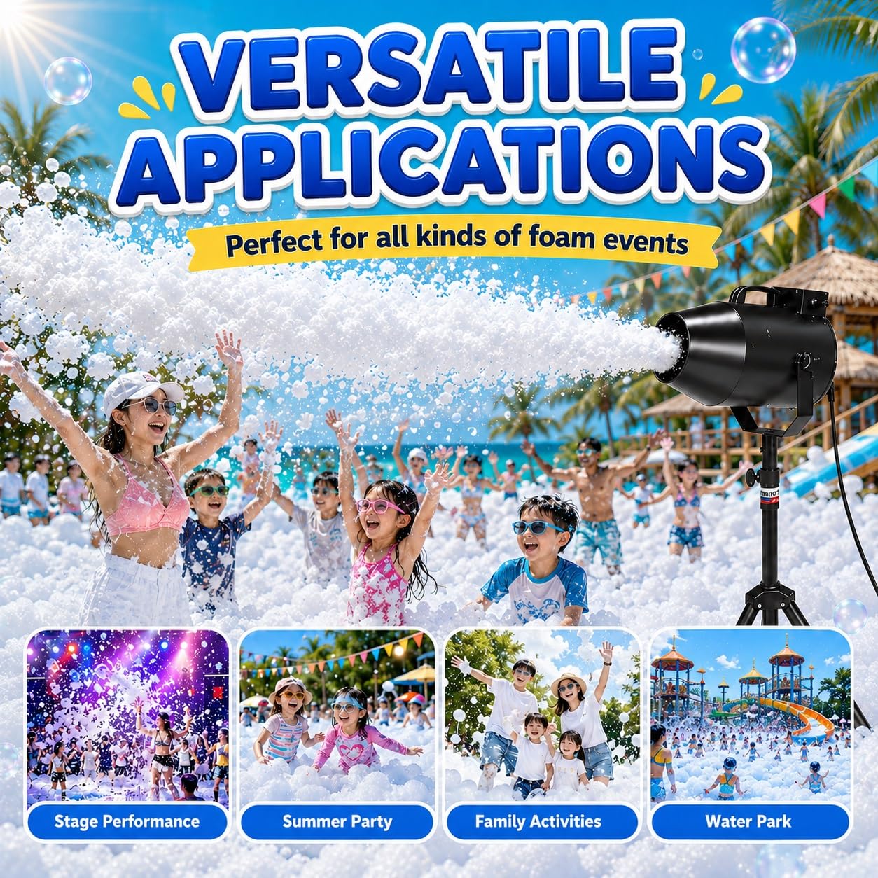 Seifenblasen-Schaummaschine, Elektrische Party-Schaummaschine | 9,84–16,4 Fuß Spray, deckt 215 Quadratfuß ab, mit verstellbarem Ständer, for Bühne, Hochzeiten, Gartenfeiern(Black)