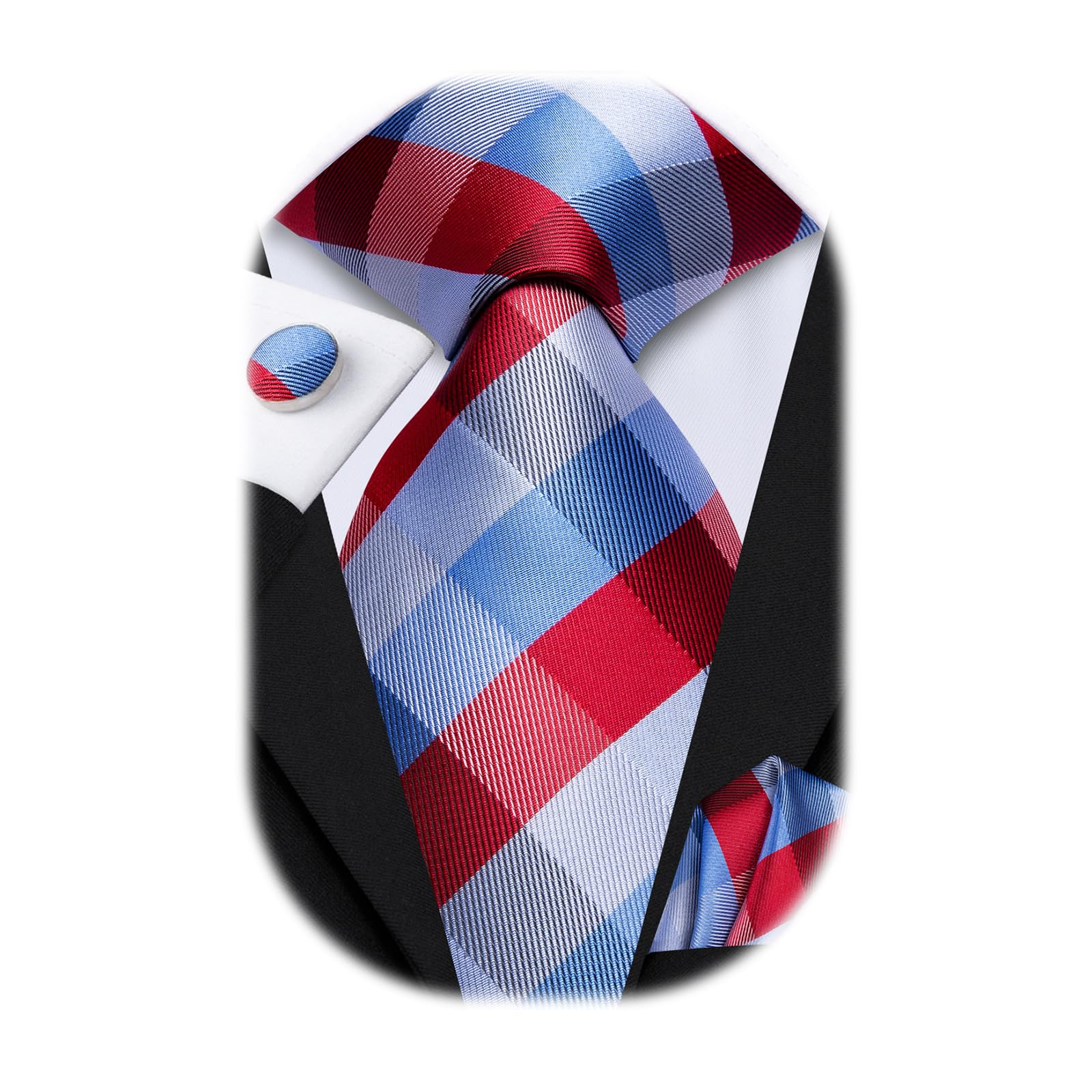 Hi-Tie Mens Plaid Ties Classic Paisley Necktie with Handkerchief Cufflinks Set Business Stripe Tie
