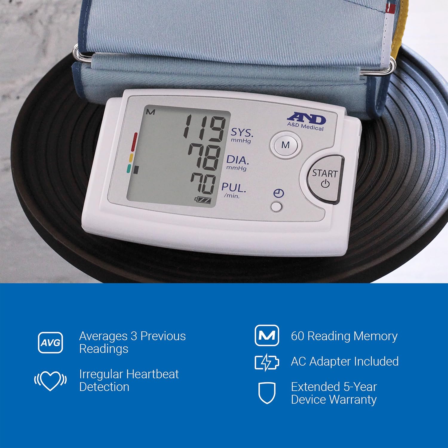 A&D Medical Premium Extra Large Cuff Upper Arm Blood Pressure Monitor (42-60 cm / 16.5-23.6″ Range), Home BP Monitor, One Click Operation, Easy to Read Precise Illuminated Readings