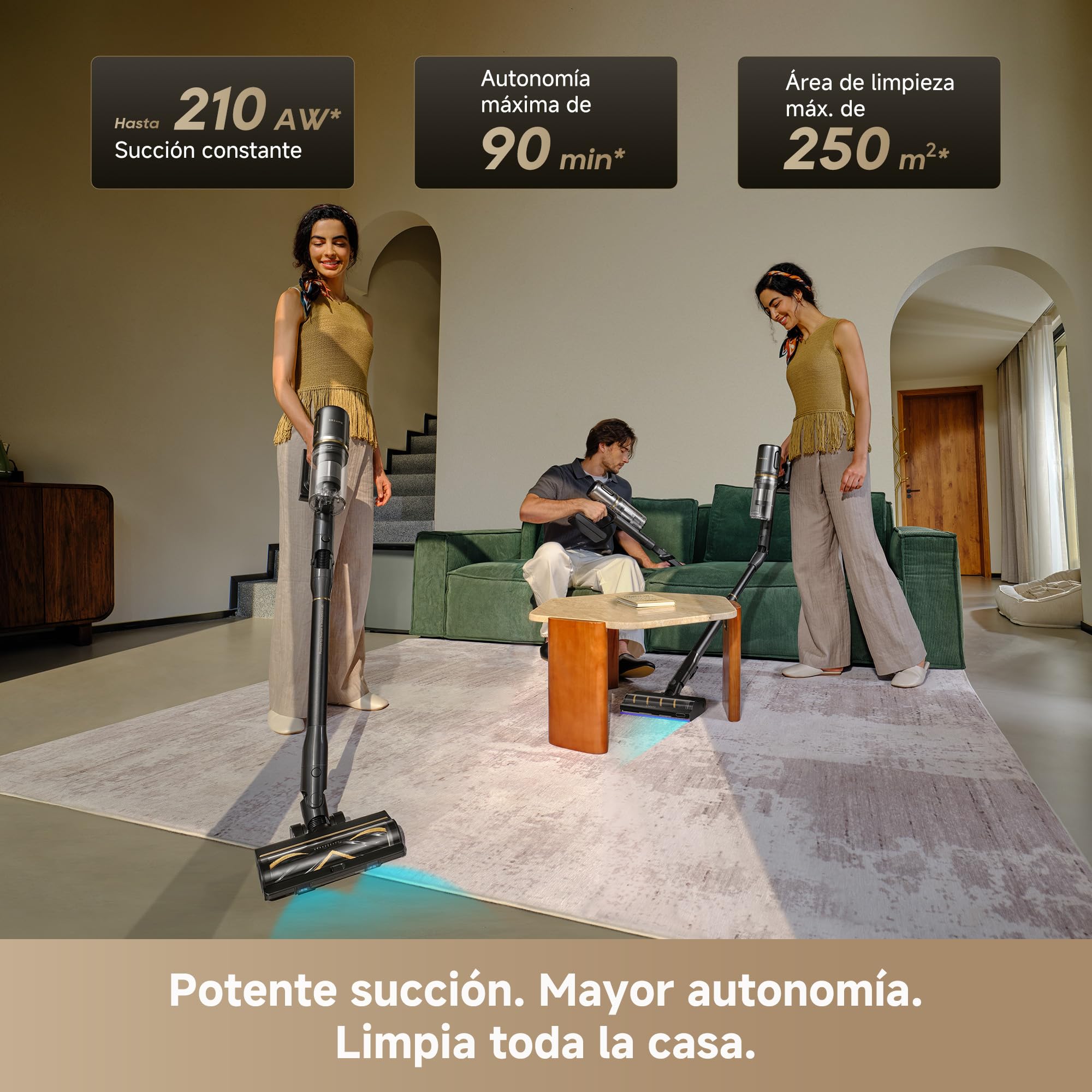 DREAME V20 Pro-A Aspirador Sin Cable, Limpieza de Bordes a 0 mm, Sin Enredos, Limpieza de Suelos Duros y Alfombras, 24000 PA/Succión de 210 AW, 90 min de Autonomía Máx., Limpieza de Pelo de Mascotas
