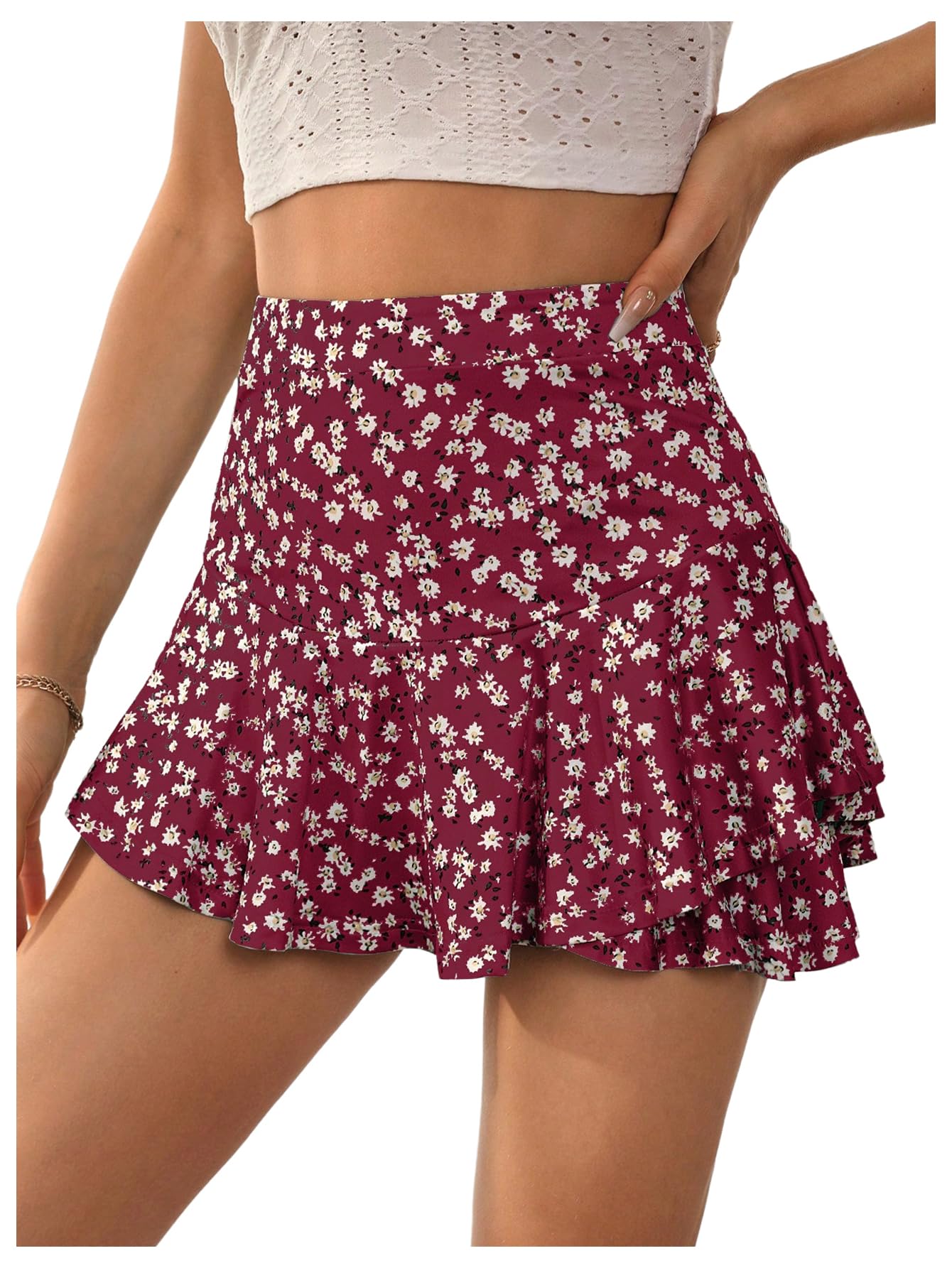 Photo 1 of ** SOLD AS IS, NO REFUND/RETURN** SEE COMMENTS!
 Floerns Women's Floral High Waist Mini Skorts Vacation Ruffle Hem Layered Skirt Shorts Burgundy Medium