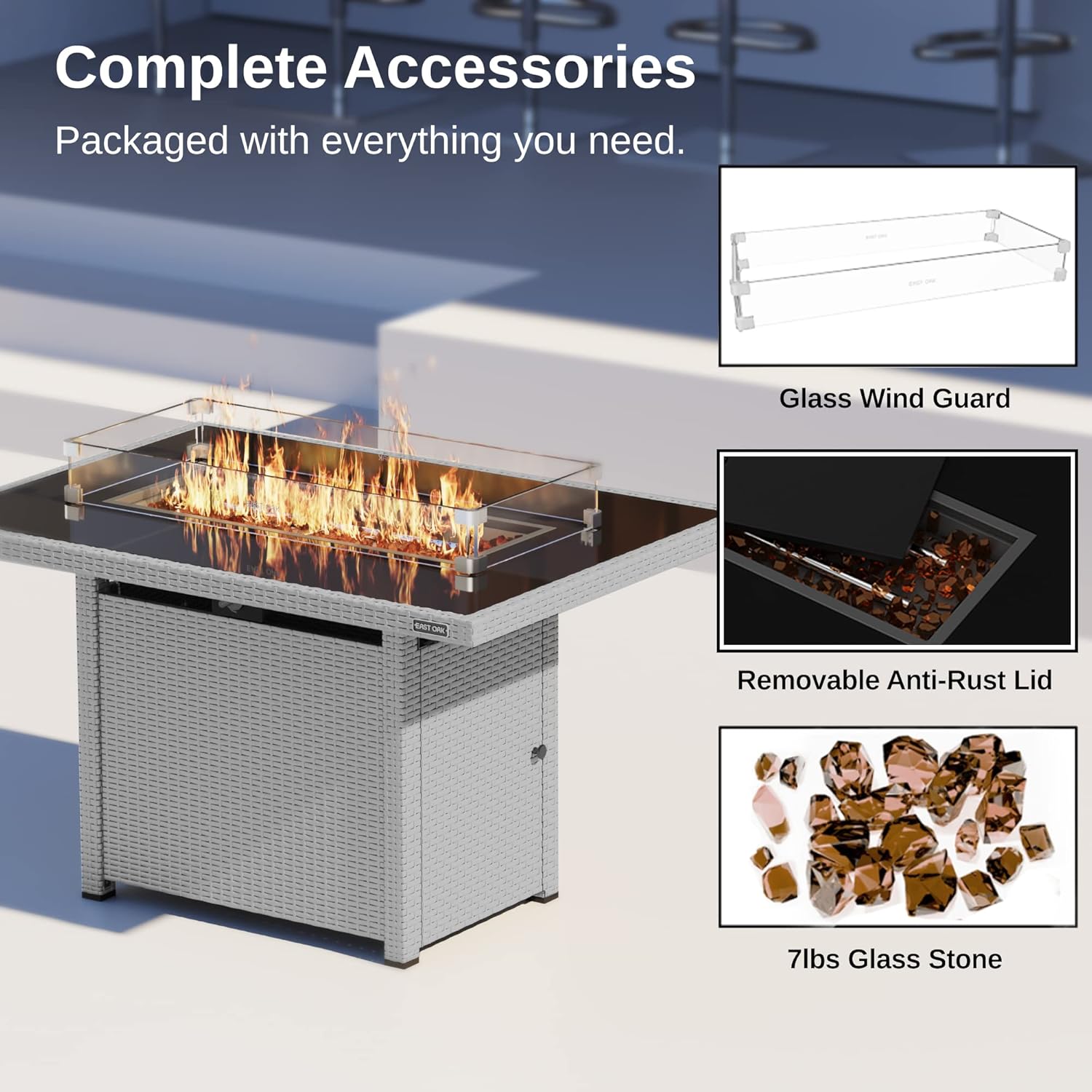 Image showing the complete accessories included with the fire pit table, including the wind guard, removable lid, and fire glass.