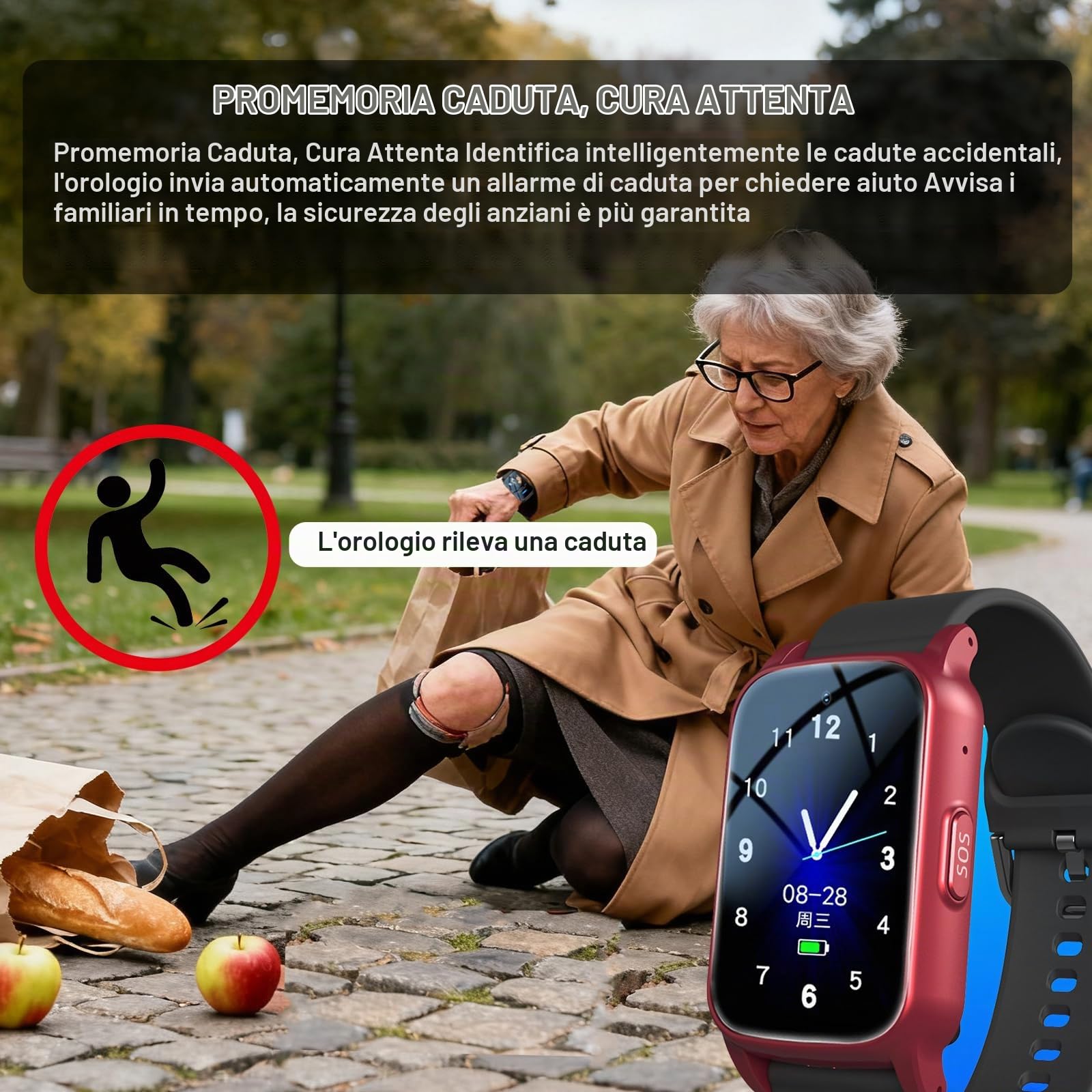 Orologio Salvavita per Anziani con Localizzazione GPS Avviso di Caduta Chiamata SOS Orologio Salvavita Adatto A Persone con DemenzaRed,1.25 * 0.57 * 2.22inch