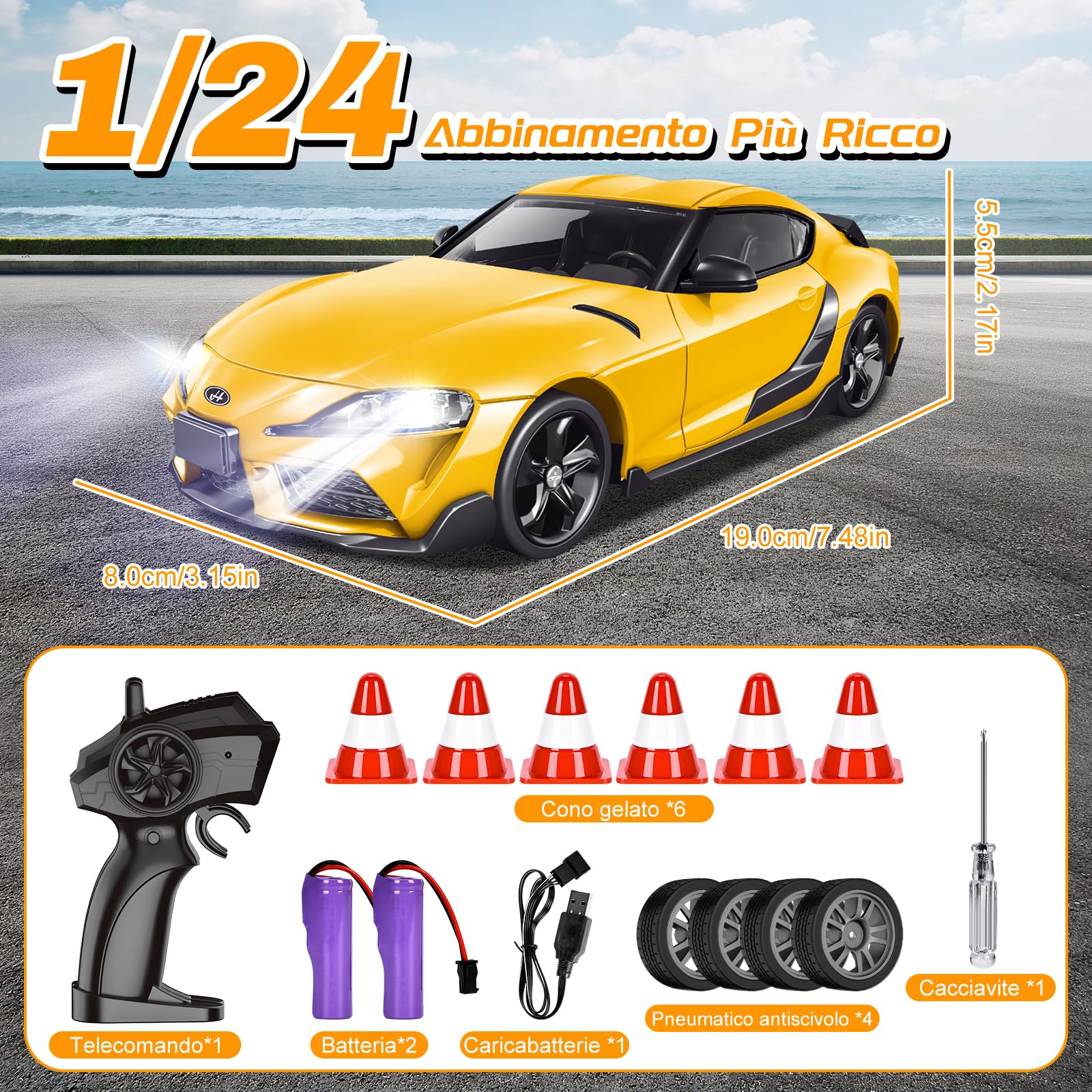 BuzzoXerex RC Drift Car, Mini Macchina Telecomandata Drift, 1/24 4WD Auto Telecomandata con Luce LED, 18km/h, Auto Giocattolo per Adulti e Bambini di Età Superiore agli 6 Anni (Giallo)