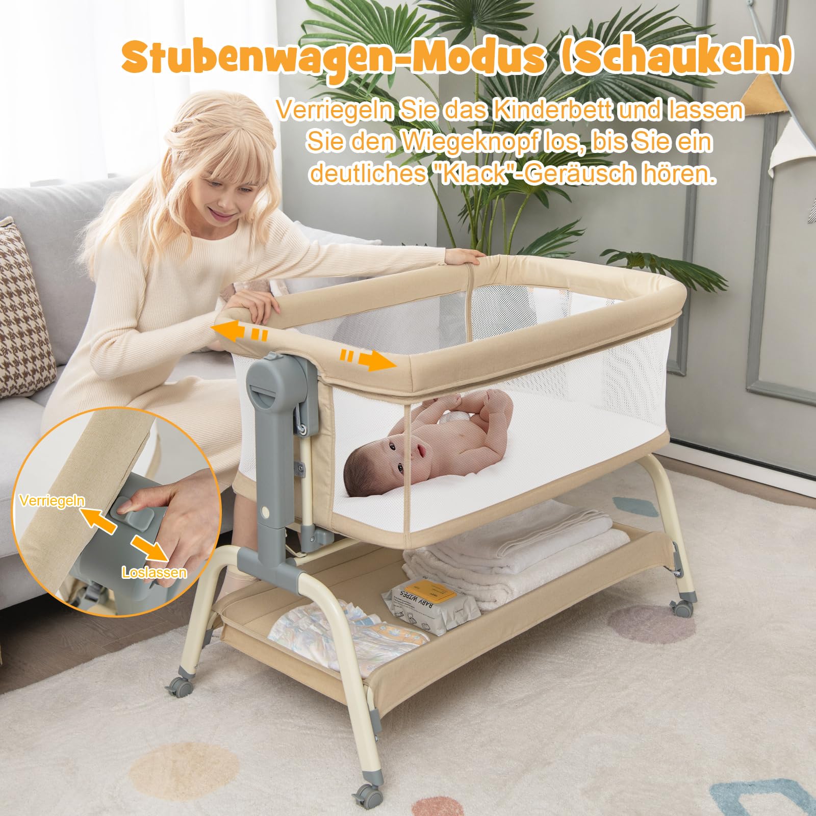 COSTWAY 4 in 1 Babybett mit Moskitonetz, Beistellbett & Babywiege & Stubenwagen & Reisebett mit Matratze, 6 verstellbaren Höhen, Tragetasche, mobiles Kinderbett faltbar für Baby bis 6 Monaten (Beige)