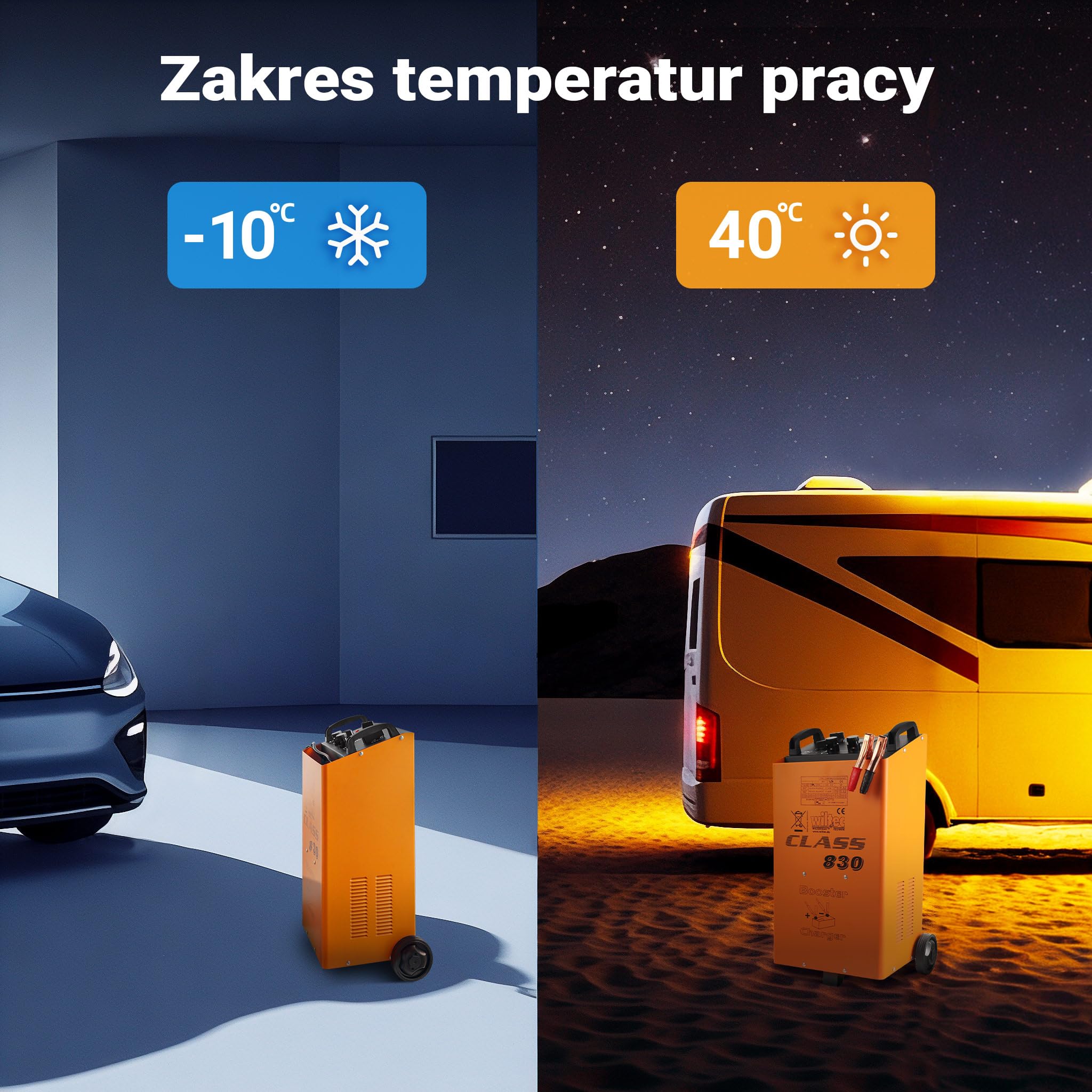 Wiltec Prostownik samochodowy z rozruchem 12/24 V, przenośna ładowarka do baterii akumulatora z timerem i zaciskami