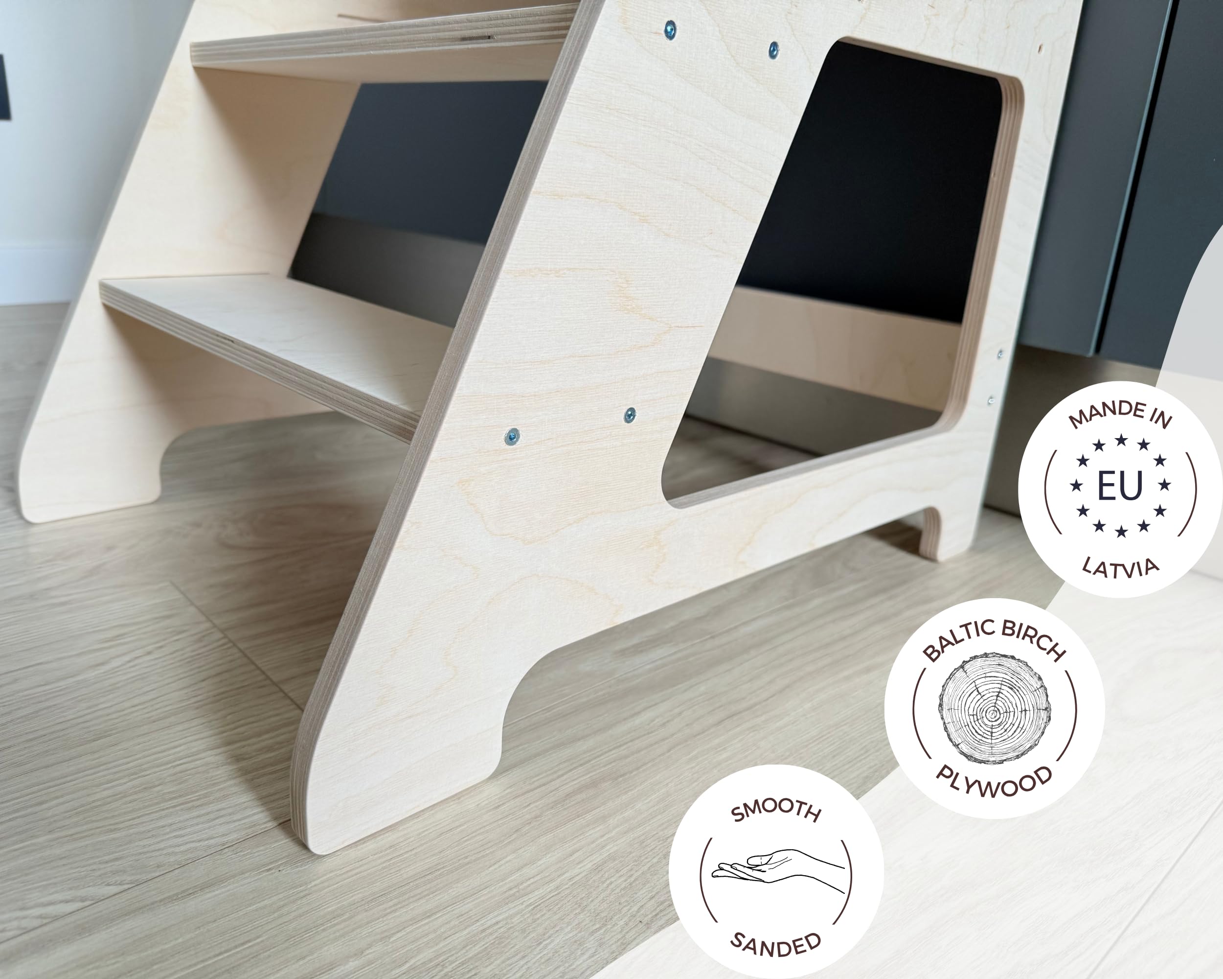 Montessori - Torre de aprendizaje para niños pequeños, taburete de cocina ajustable de 3 niveles, madera contrachapada de abedul báltico, no tóxica, barra de seguridad extraíble, torre