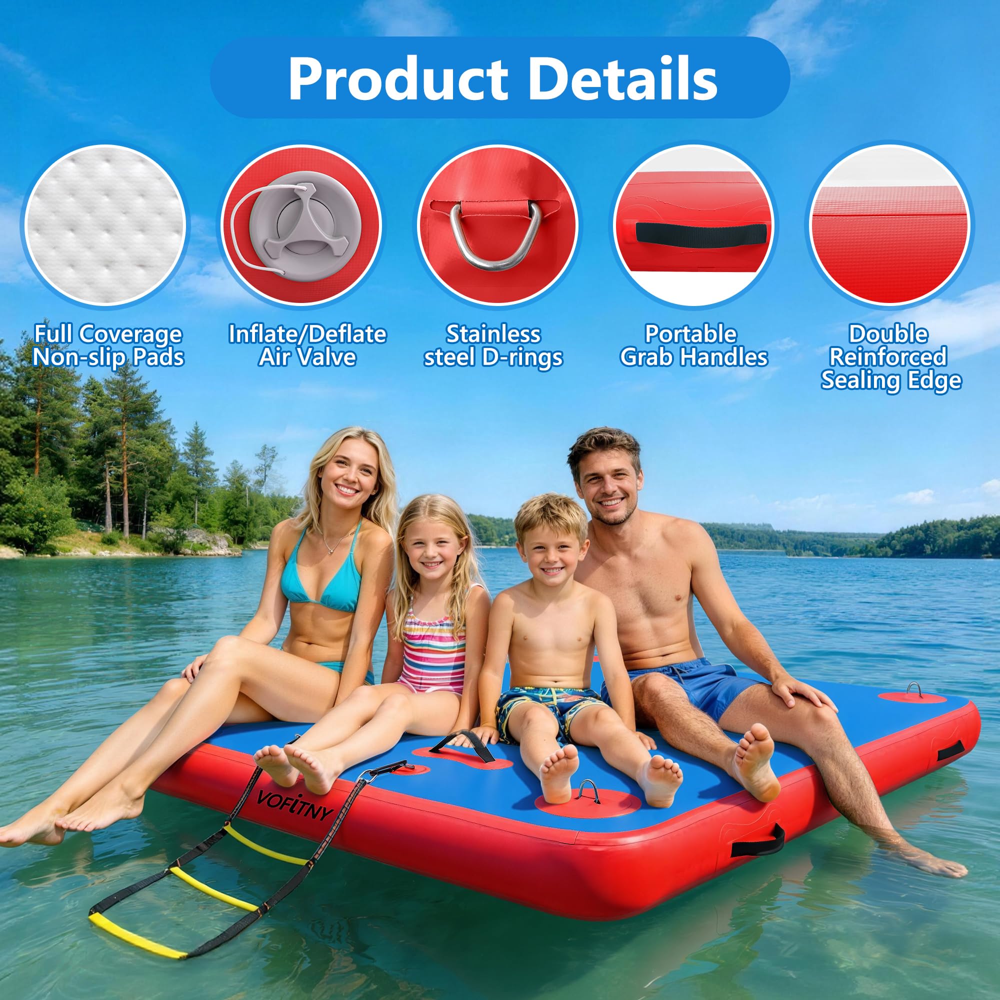 VOFiTNY Inflatable Floating Dock, Air Platform Multi-Person Swim Water Mat with Rope Ladder, None-Slip Surface for Pool Lake Beach