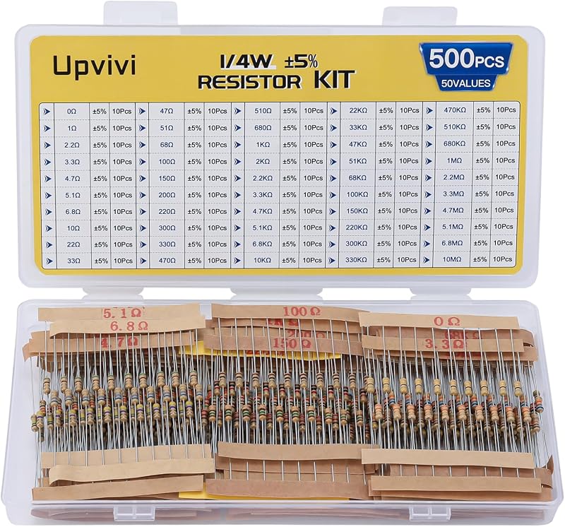 Resistor Assortment Kit - 50 Values, 1/4W 0 to 10M Carbon Film Resistors, 5% Tolerance, 500 Pcs