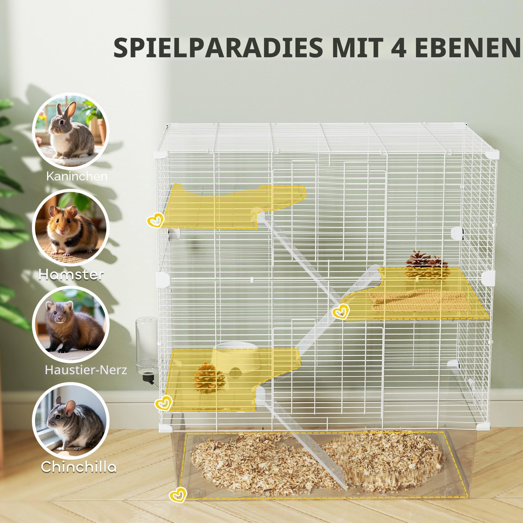 PawHut Mehrstöckiger Nagetierkäfig mit Zubehör, Hamsterkäfig aus Stahl, PET und PS, 73x47x80 cm, Weiß | Inklusive Zubehör, Käfig für Hamster, Frettchen, PET und PS
