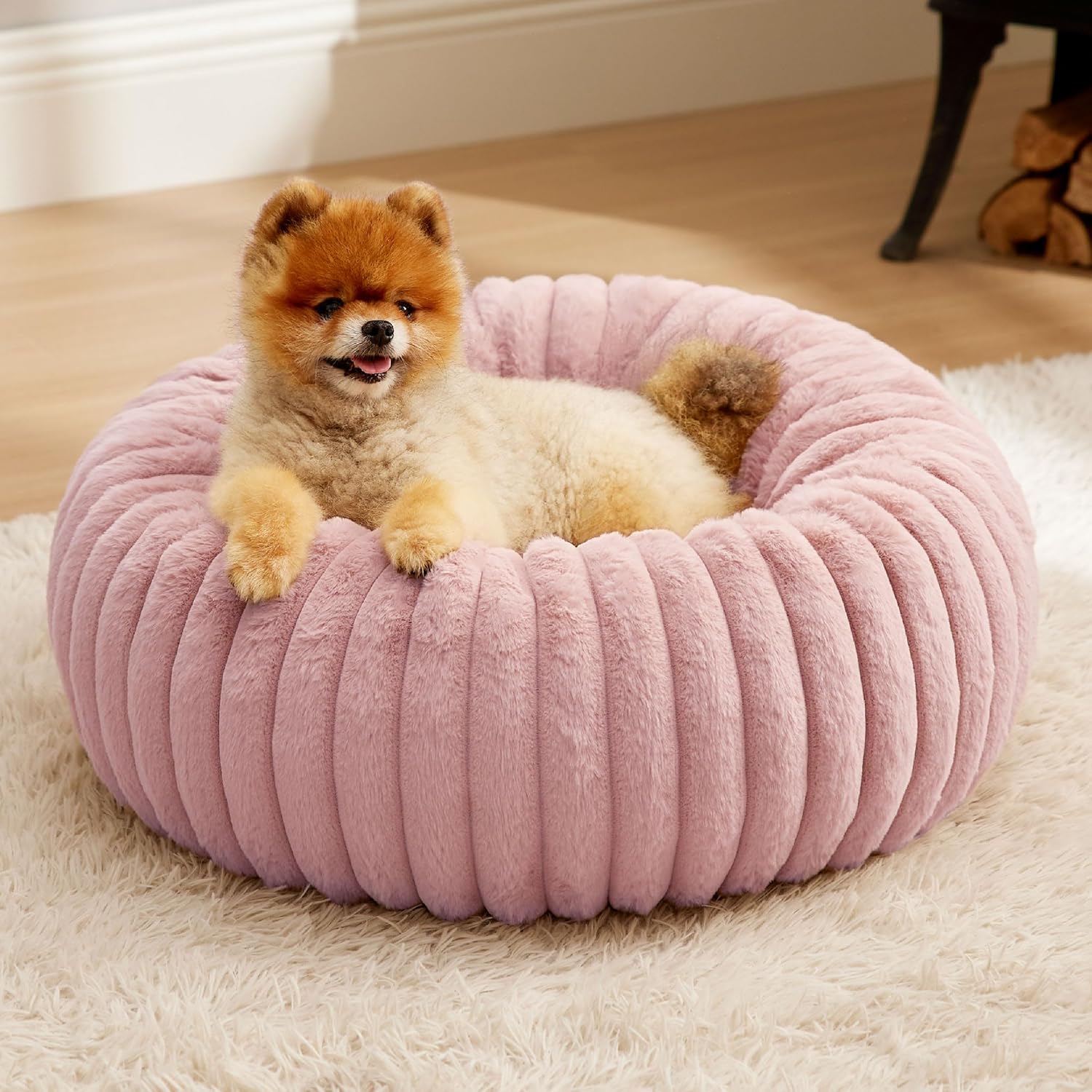 Bedsure Donut Small Dog Bed - Dog Beds for Small Dogs with Corduroy Fleece & Anti Slip Bottom, Round Faux Fur Pet Beds with Washable Removable Cover, Blush Pink, 23x23x7 inches S (23x23x7) Blush Pink