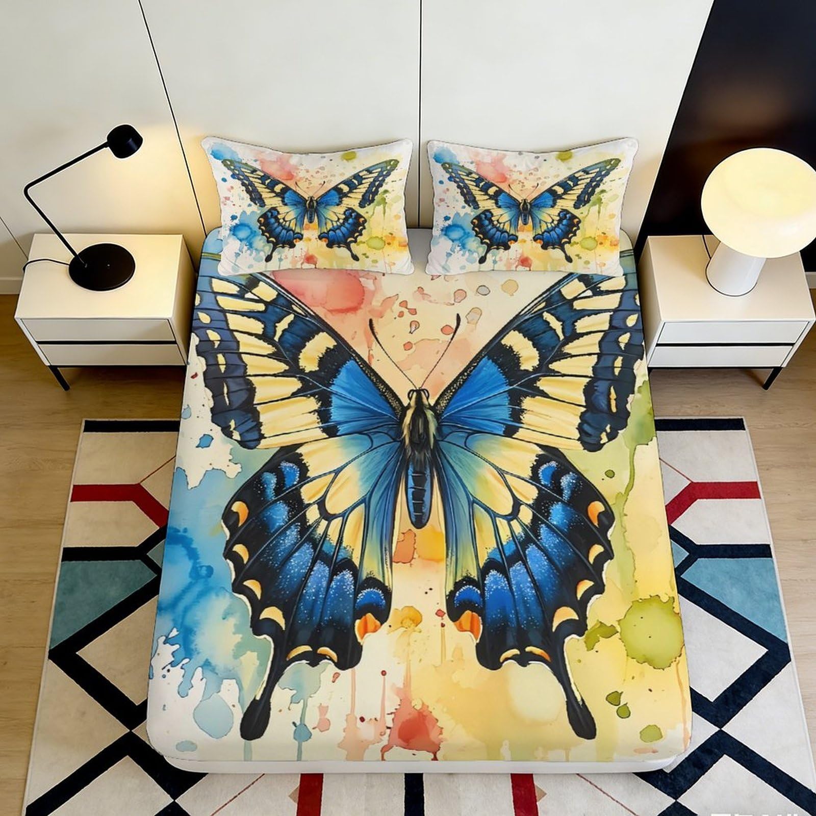 3D Printed Colorful Butterfly Fitted Sheet Microfiber Soft Breathable Watercolor Design Mattress Cover for Bedroom Dormitory Guest Room Mattress Protection 140x200x25cm