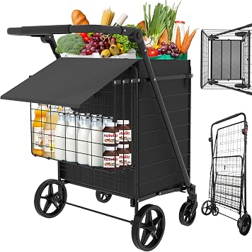 JIALIJIU 440 LBS Shopping Cart with Adjustable Handle, Waterproof Bag, 10-min Assembly Heavy-Duty Foldable Grocery Cart with 360 Swivel Wheels for Apartments, Laundry, Camping, Black