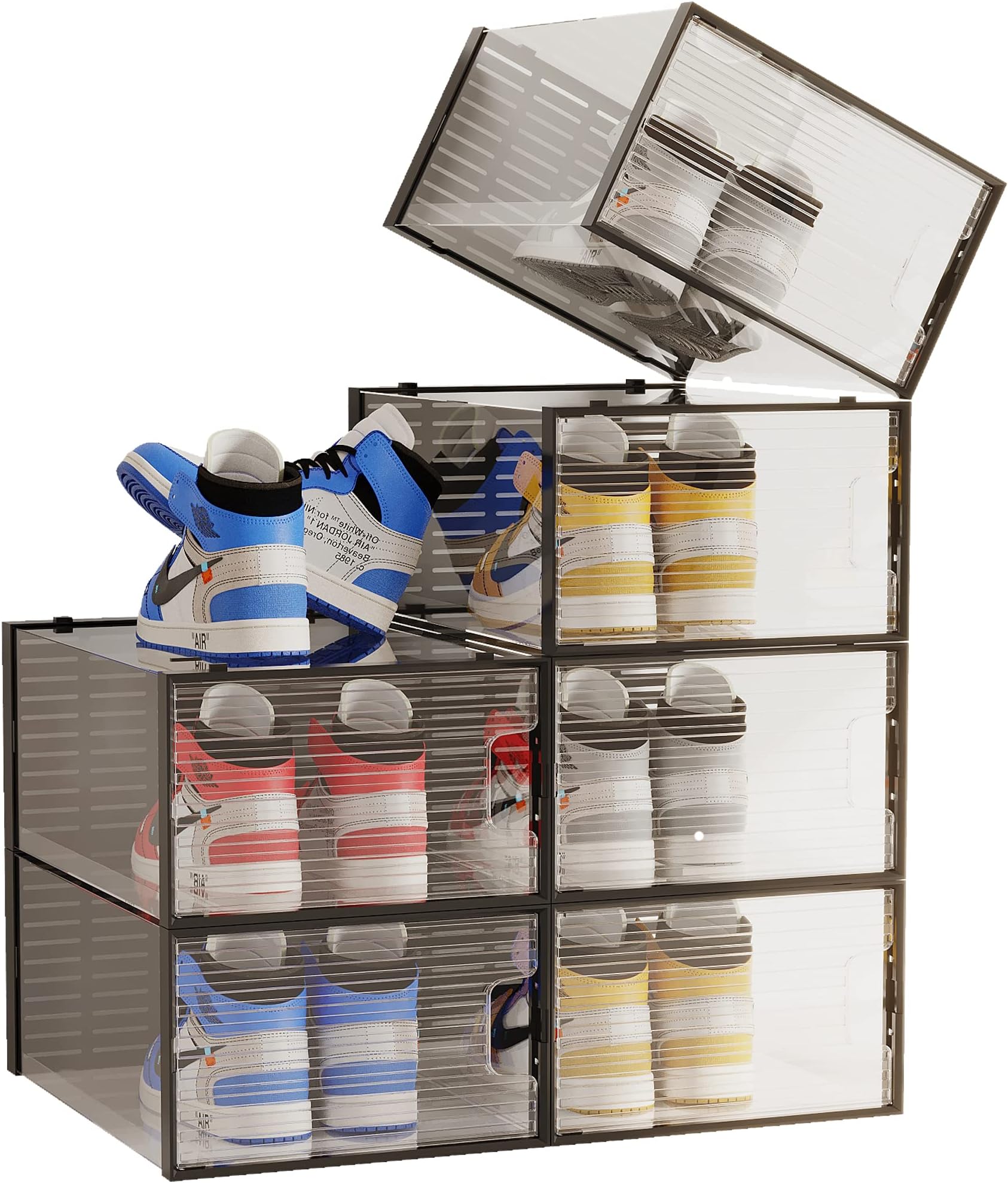 WAYTRIM Stackable Shoe Boxes, Clear Plastic Stackable Shoe Organizer for Closet Space Saving Foldable Shoe Sneaker Containers for Men Women Size 11