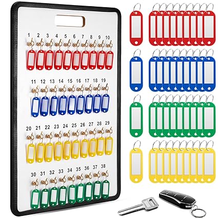 RattanView Key Hook Board with 40 Pcs Key Tags Set 23.4 x 15.5 Inch Key Holder Wall Mount with 38 Hooks Self Closing Tabs Colored Key Labels for Car Hotels Office House Key Storage Organization