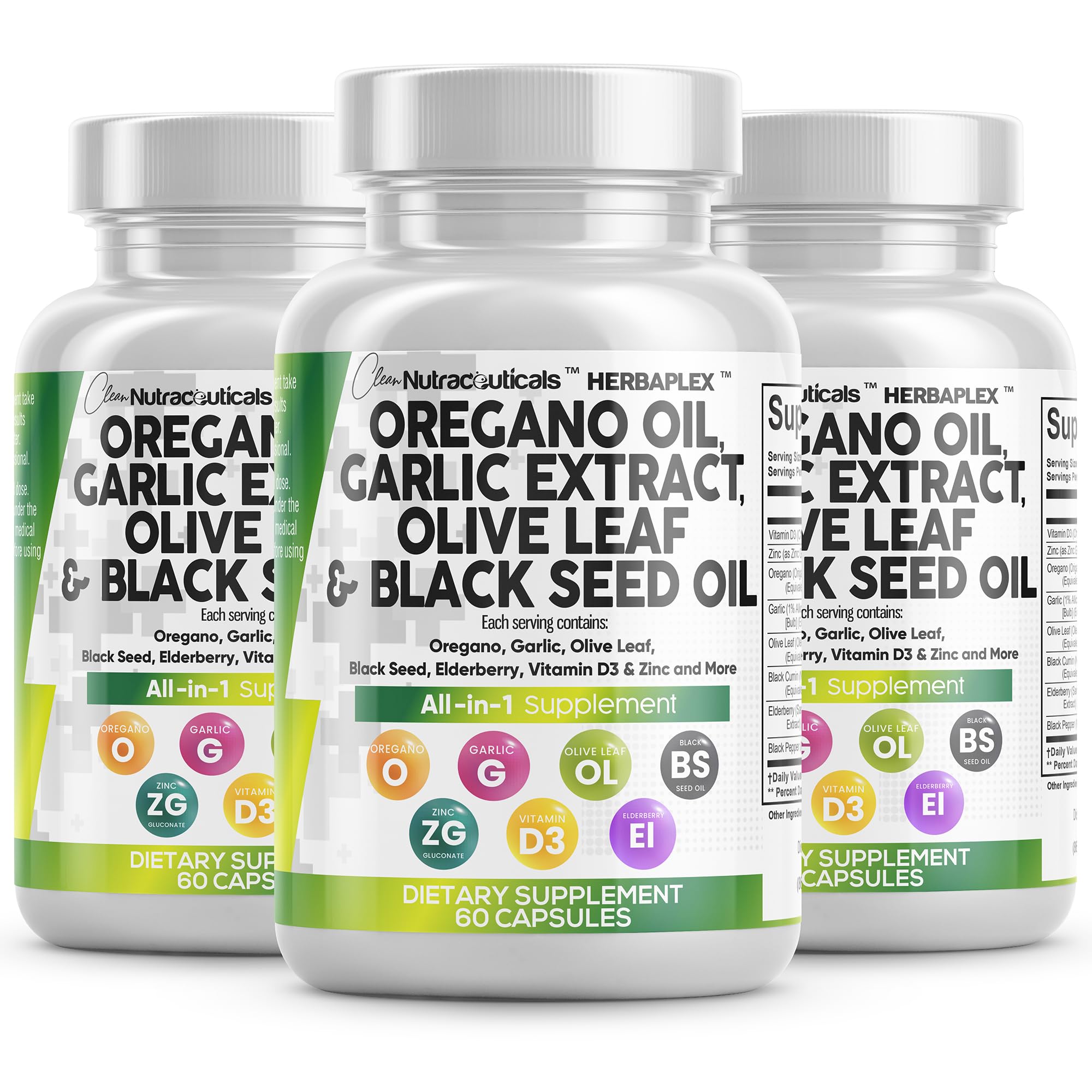 Clean NutraceuticalsOregano Oil Garlic Extract Olive Leaf Black Seed Oil - Immune Support & Digestive Health Supplement for Women and Men with Vitamin D3 & Zinc - 3Pack