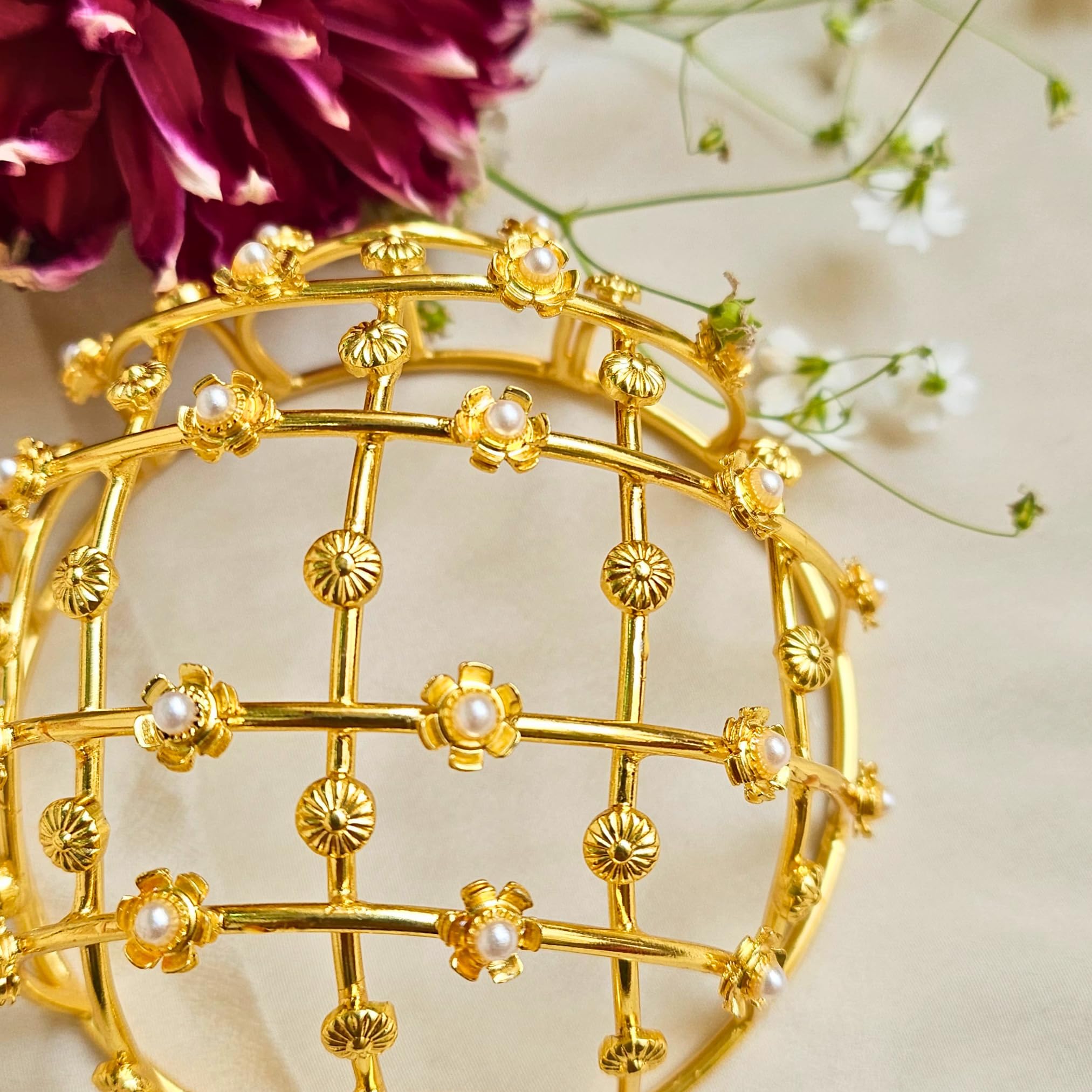 VIANA JEWELS Hair Bun Cage Accessory for Women | Handcrafted Brass Juda Cover with Stick | Anti-Tarnish Traditional Hair Accessory for Wedding & Festive (Pear Flower Hair Bun (Golden)) 2