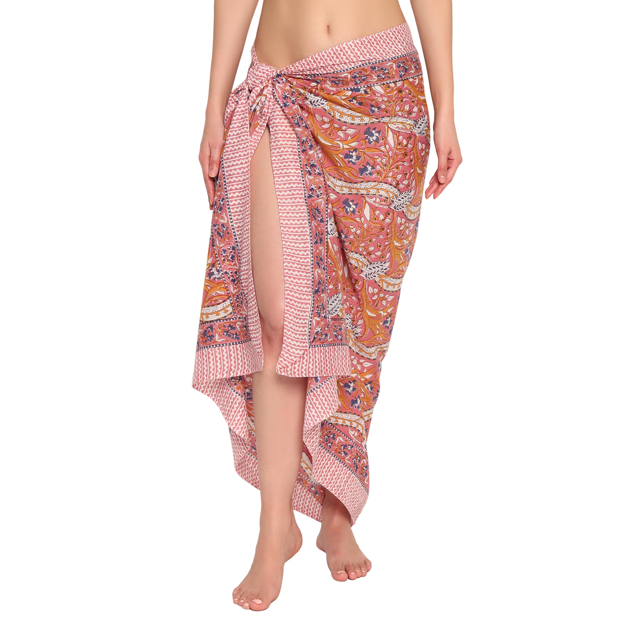 parihan Block Print Cotton Beach Sarong Wraps for Women, Pareo Swimsuit Coverups, Brick Dust, One Size