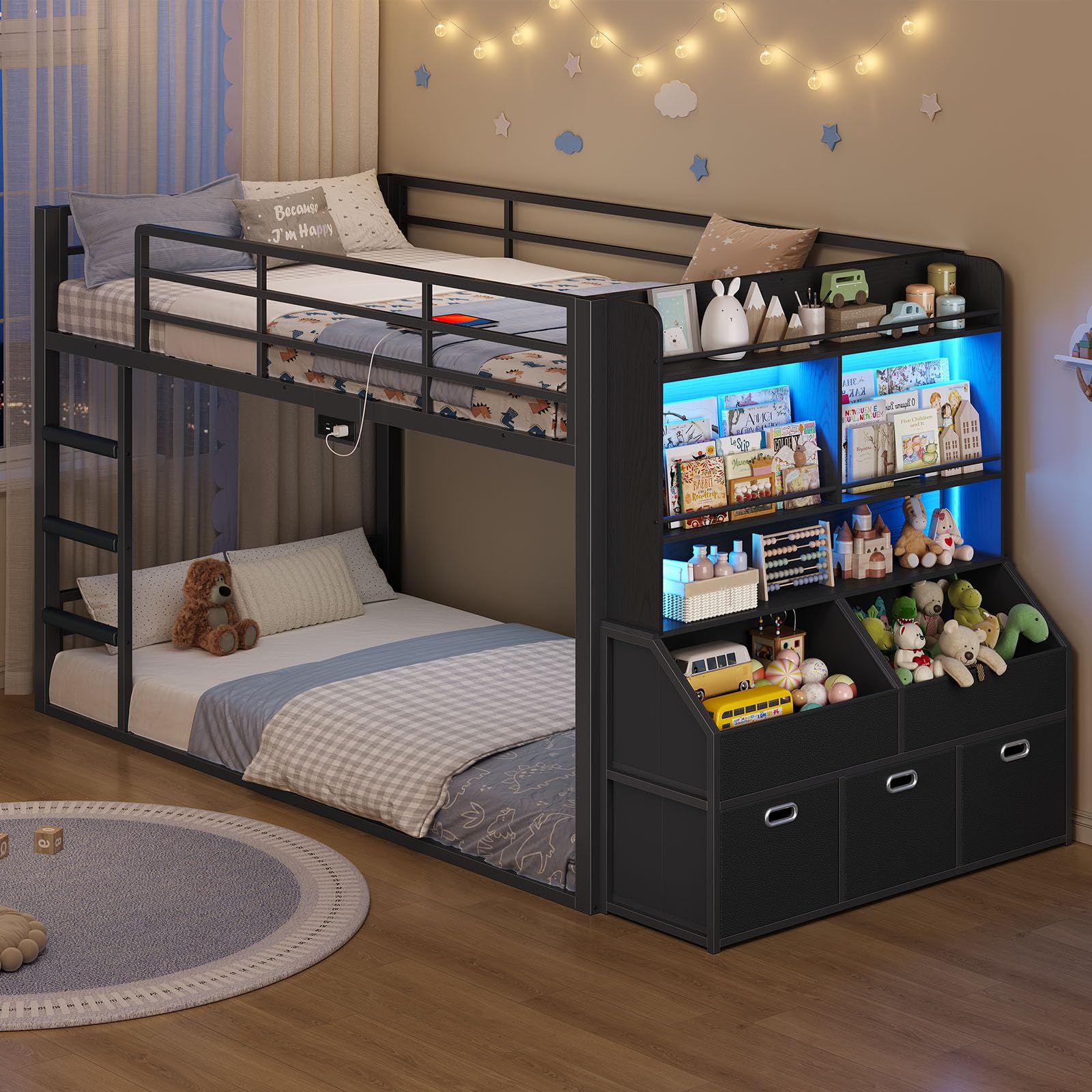 ADORNEVE Low Bunk Bed Twin Size with Bookshelf, Toy Organizer & Storage Drawers, Metal Floor Bunk Bed Twin Over Twin with RGB Lights & Charging Station, Safety Guardrail & Ladder, Small Space, Black