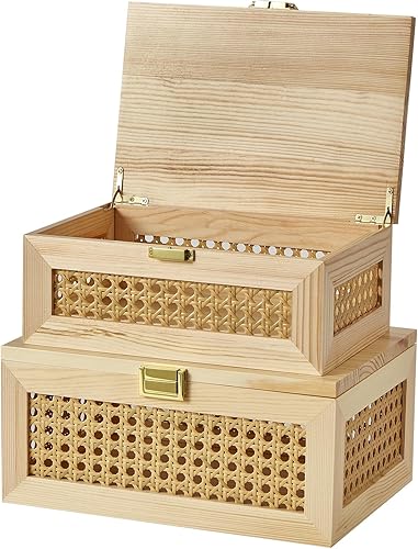 Miniatura 12 de Cajas de almacenamiento decorativas de ratán, cestas tejidas de madera maciza, contenedores con tapa, caja de joyería para recuerdos, estante