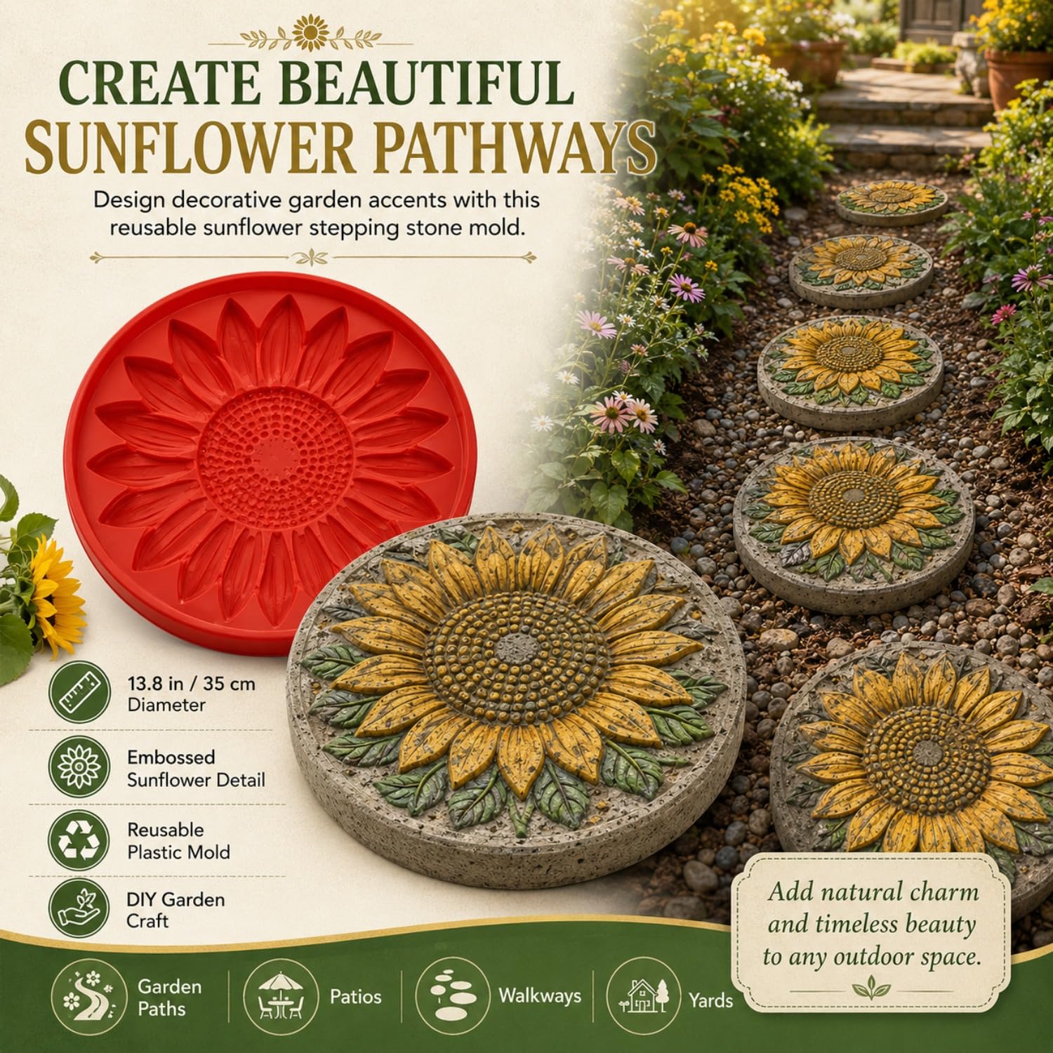 Reusable Sunflower Stepping Stone Mold, Round Stepping Stone Molds (5 MIX)