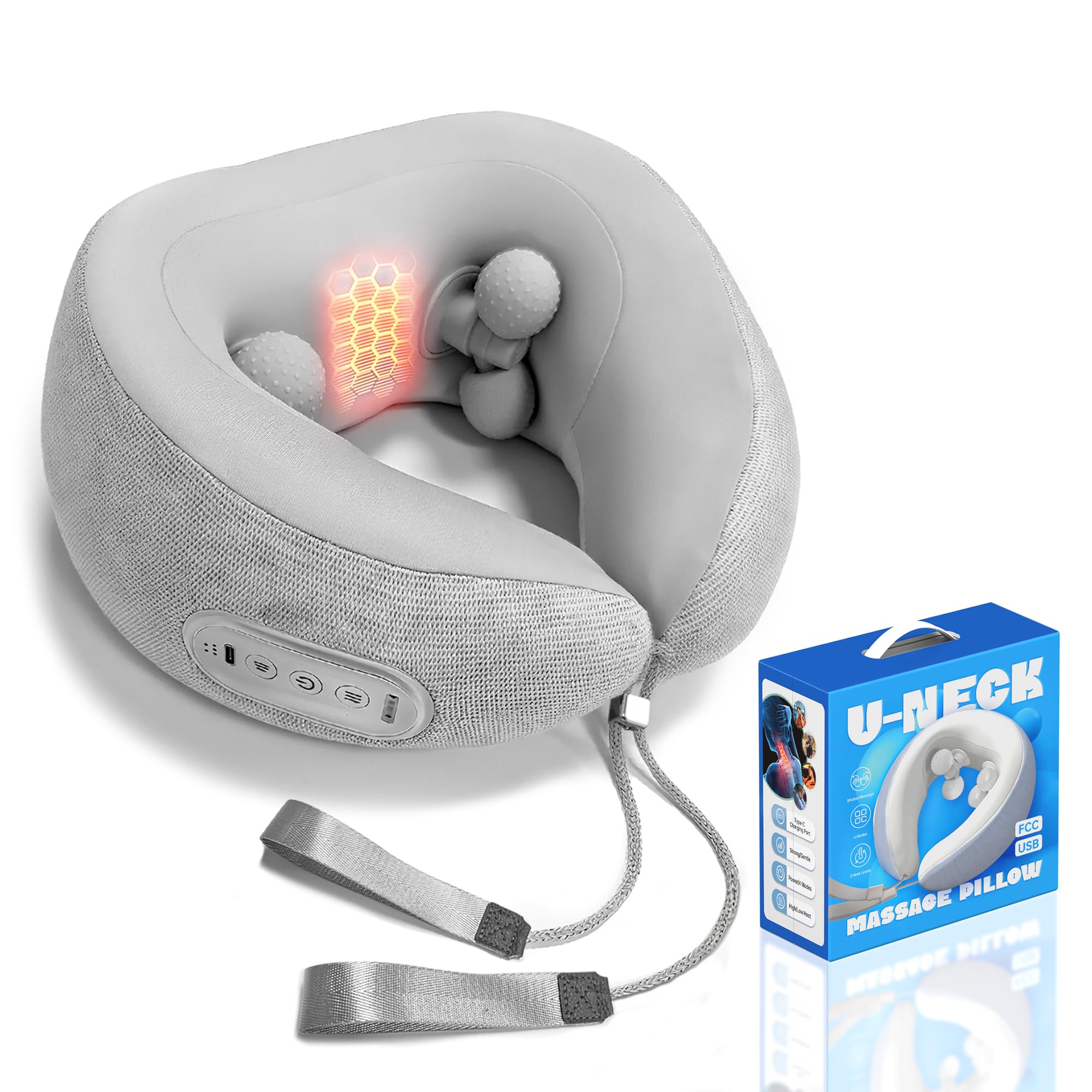 Neck Pillow Airplane with Heat and kneading, Neck Massager for Pain Relief deep Tissue, Neck Support Pillow for Sleeping Traveling Office & Home, Thoughtful Gifts for Women and Men (Gray)