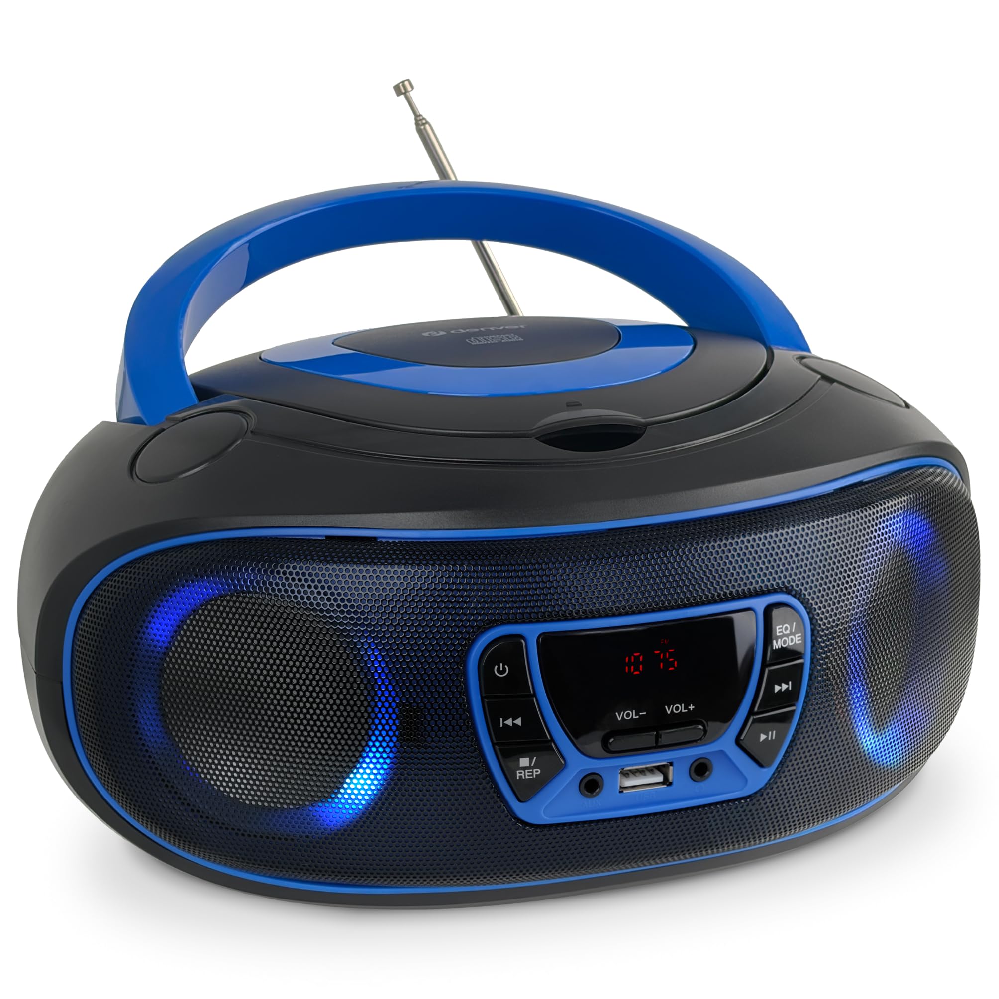 Denver TCL-212BT Boombox CD Bluetooth, FM Radio, USB MP3, AUX, Headphone Jack, Stereo Speakers, Blue