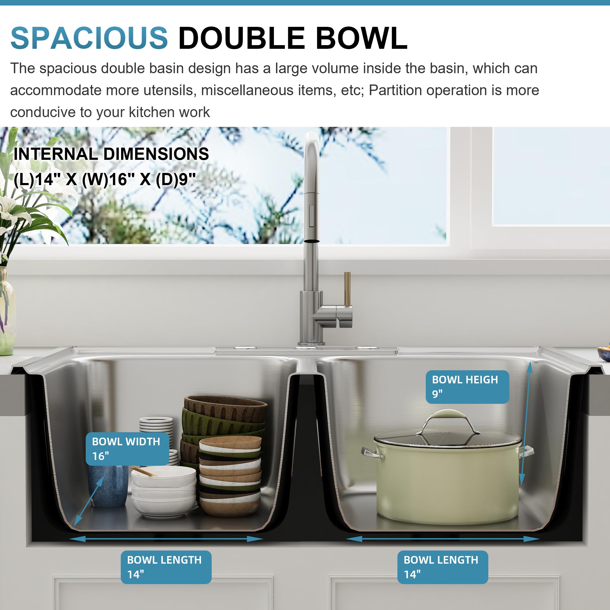 Lanxlic 33x22 Drop In Workstation Double Bowl Kitchen Sink 50/50 - View #5