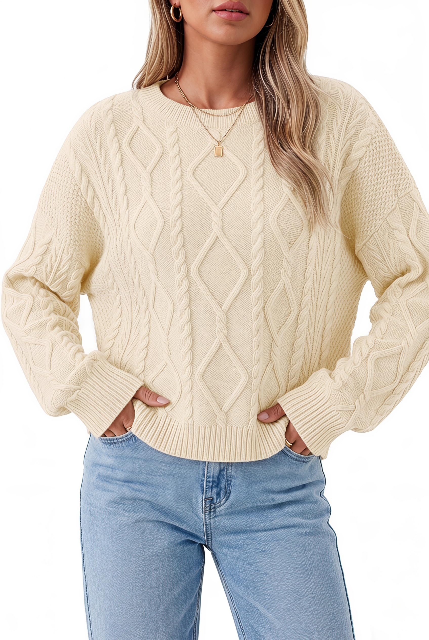 Arach&Cloz Pullover Damen 100% Baumwolle Kable Strickpullover Langarm Herbst Winter Rundhals Pulli Sweatshirt