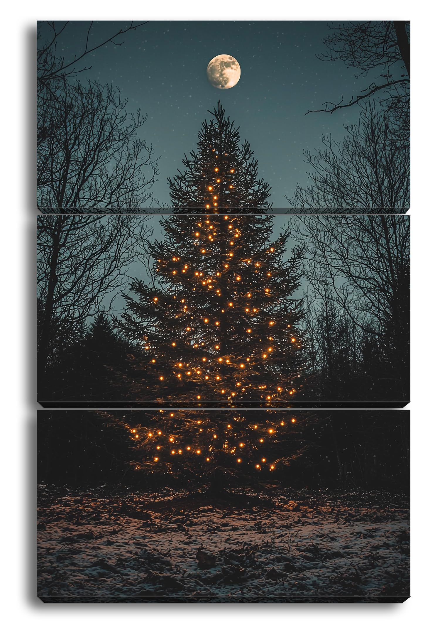 Sapin de Noël brillant sous la pleine lune pendant la nuit d'hiver Format : 120 x 80 cm (3 pièces) Impression d'art XXL sur cadre en bois/peinture murale/décoration de salon