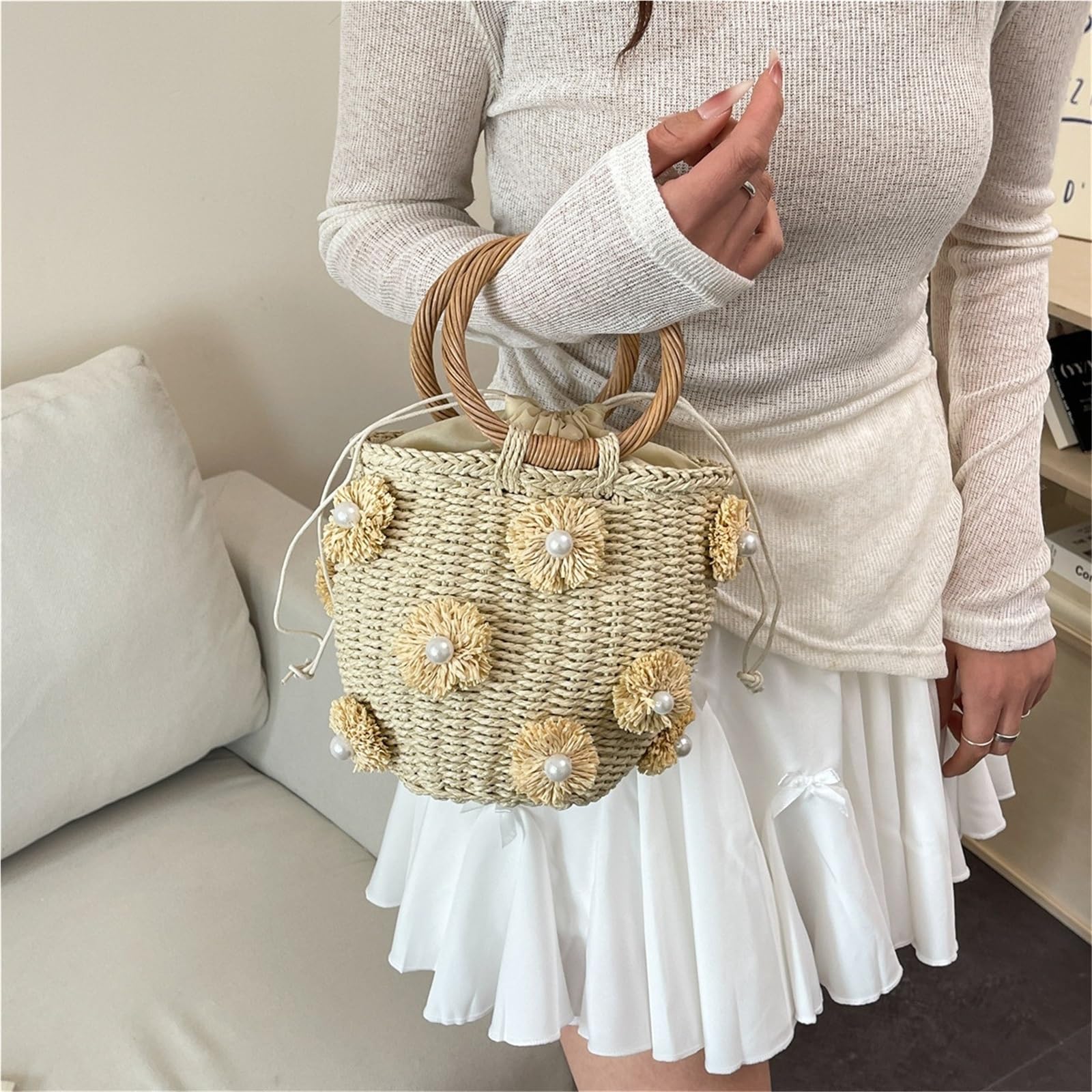 borsa donna estiva Borse a secchiello con strass impreziosite da cristalli fatti a mano in paglia viaggio donna