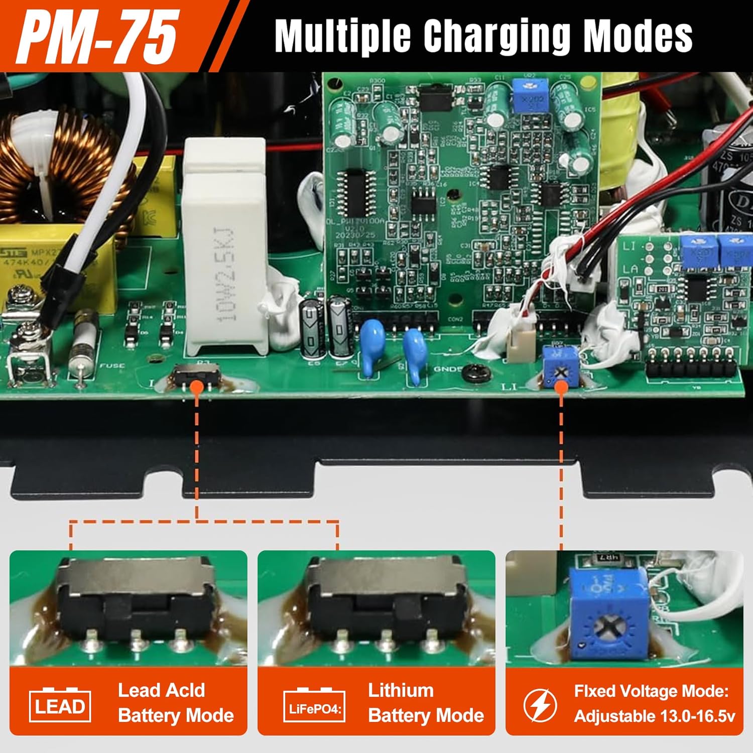 PM4 75 Amp RV Power Converter - Power Converter with Built-in 4 Stage Smart Battery Charger - Multiple Capacities 75A 110V AC to 12V DC 75 Amp Battery Charger RV Power Converter Replacement