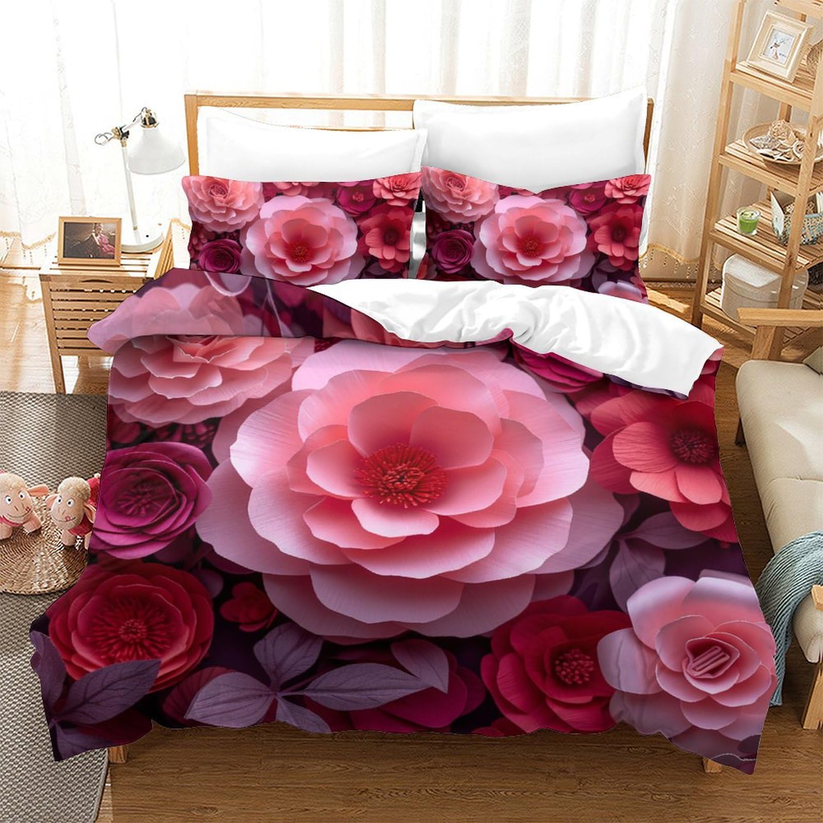 GAOYUCHUN Pink Flowers Duvet Cover Set with Pillowcase Duvet Quilt Cover 3D Bedding Set for Kids Boys Girls Teens Microfiber Comforter Cover Hidden Zipper Double（200x200cm）